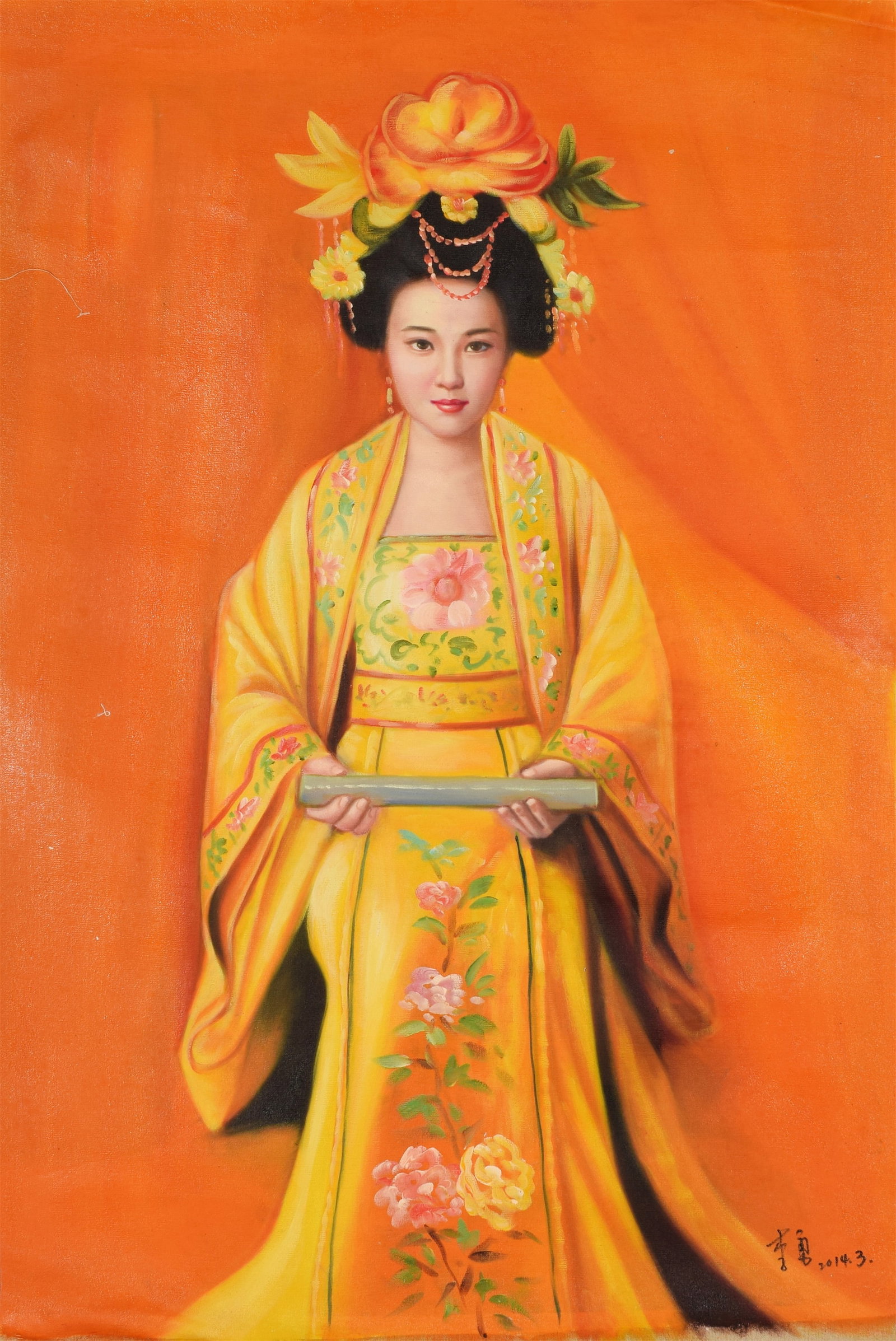 An Oil Painting Depicting Lady in Traditional Attire: An Oil Painting Depicting Lady in Traditional Attire. Dimensions: 35.83in x 24.02in.