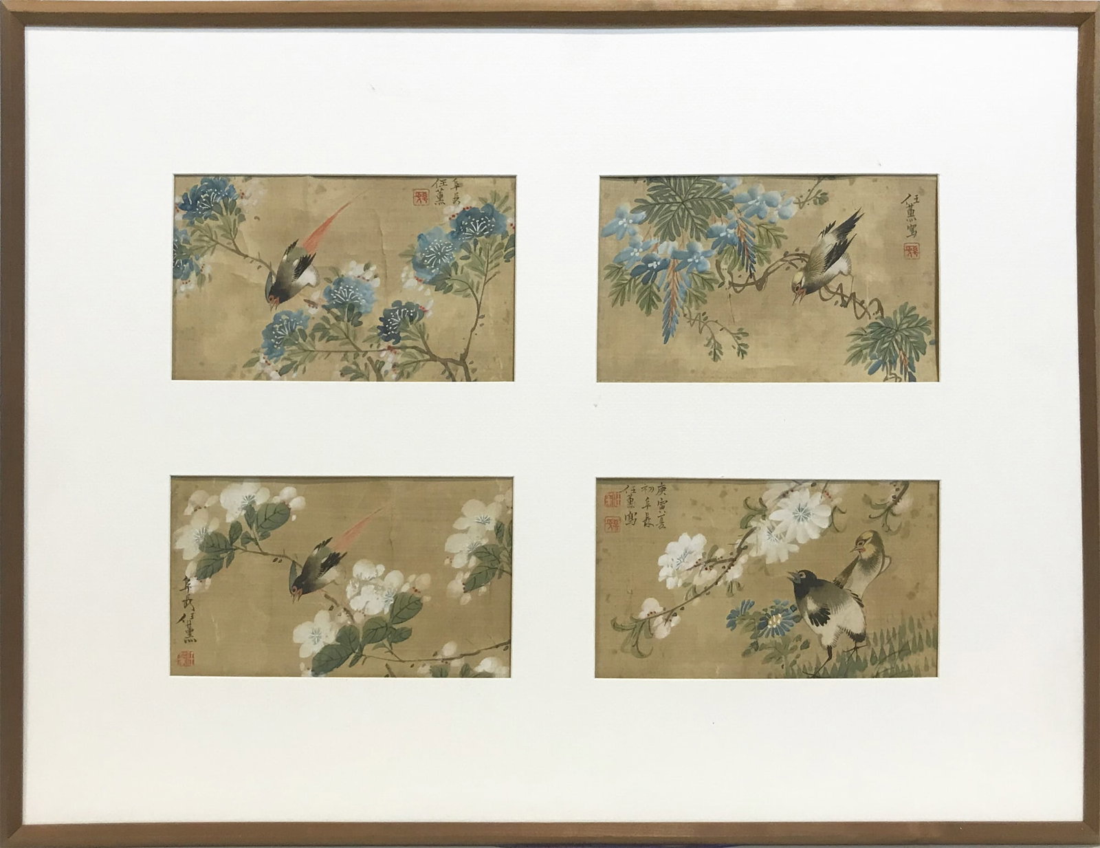A Set of Four Silk Paintings Depicting Birds and Flowers (1 of 9)