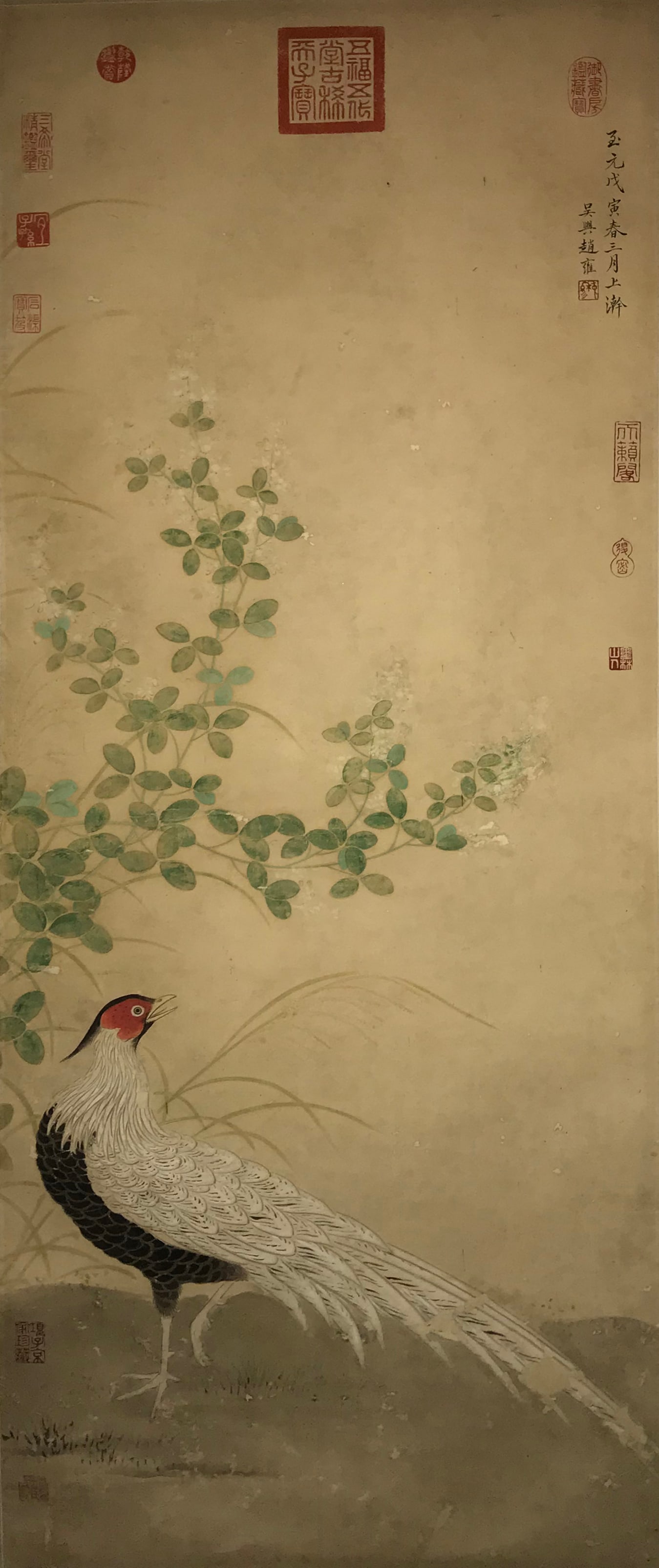 A Hanging Scroll Depicting Birds and Flowers: A Hanging Scroll Depicting Birds and Flowers. Dimensions: 18.90in x 45.67in.