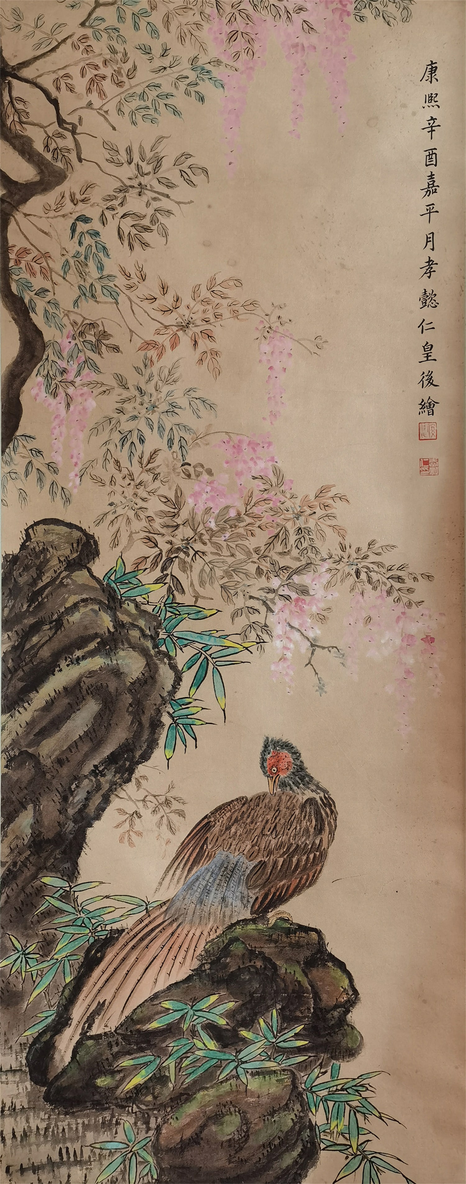 A Hanging Scroll Depicting Birds and Flowers: A Hanging Scroll Depicting Birds and Flowers. Dimensions: 52.36in x 20.08in.