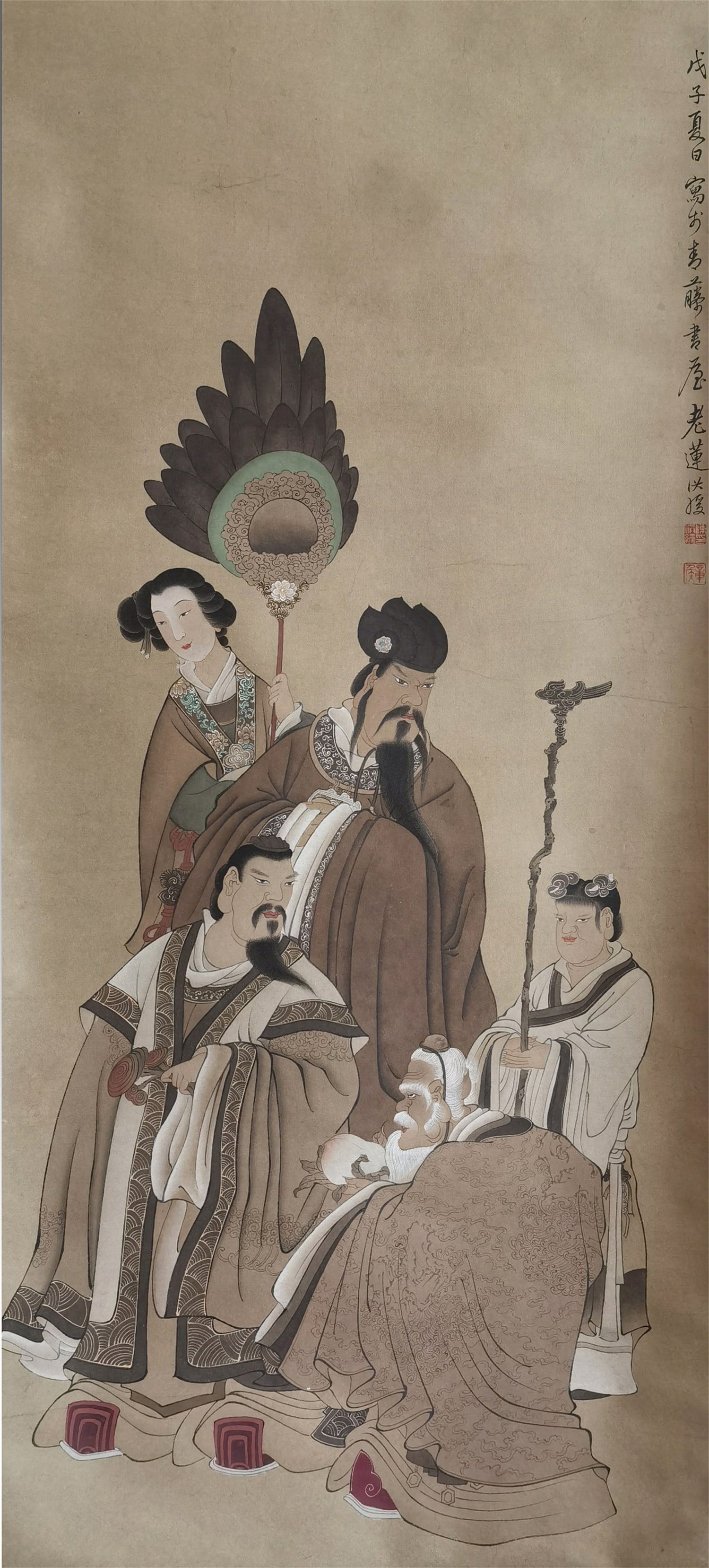A Hanging Scroll Depicting Auspicious Figures: A Hanging Scroll Depicting Auspicious Figures. Dimensions: 42.91in x 18.90in.
