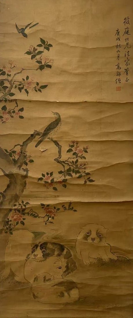 A Hanging Scroll Depicting Birds and Flowers: A Hanging Scroll Depicting Birds and Flowers. Dimensions: 18.50in x 45.28in.