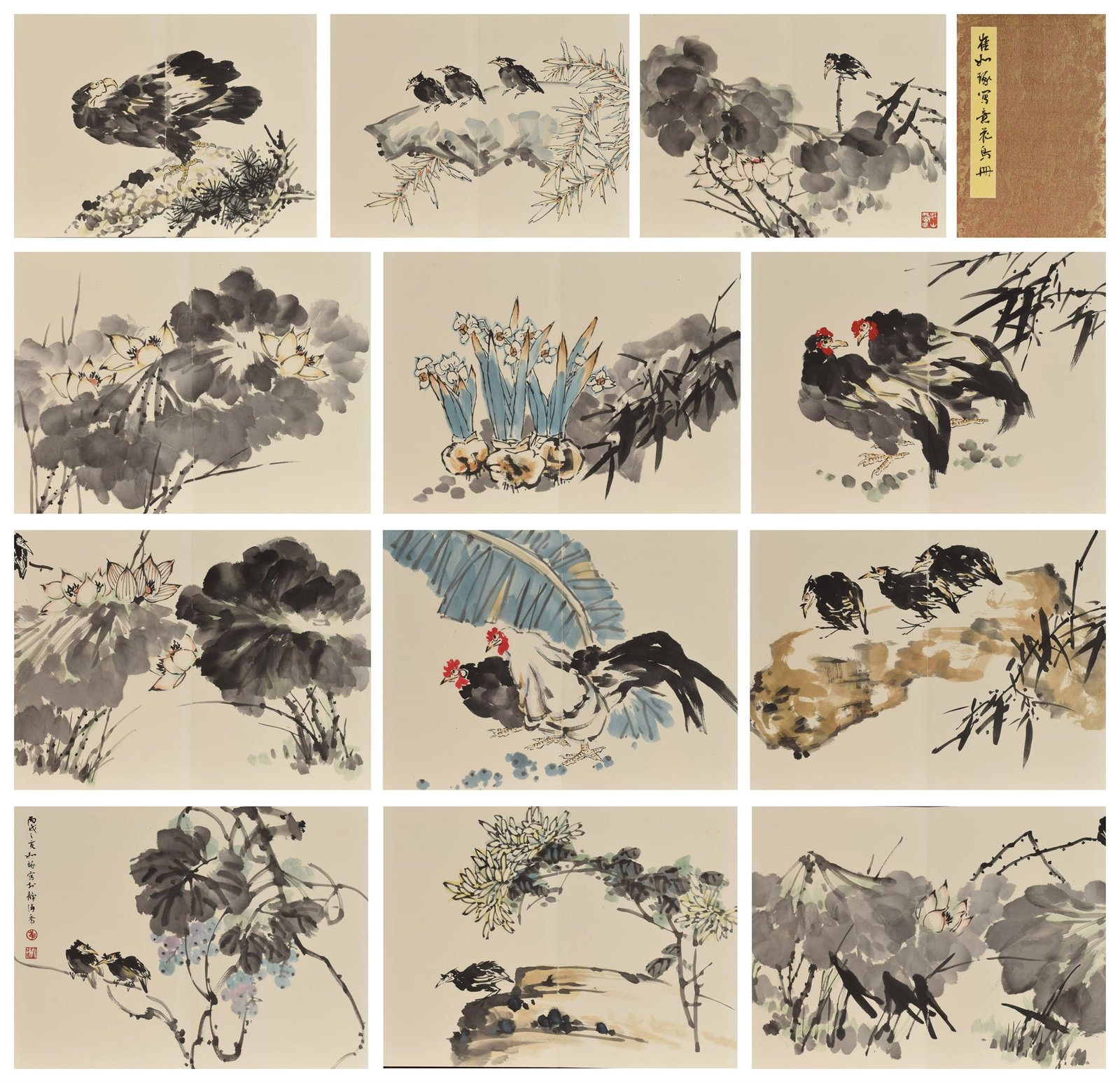 A Chinese Painting Album Depicting Birds and Flowers: A Chinese Painting Album Depicting Birds and Flowers. Dimensions: 22.83in x 16.93in x 12.
