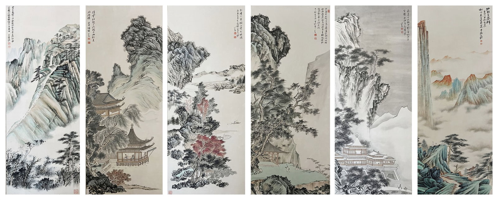 A Set of Chinese Painting Depicting Landscape: A Set of Chinese Painting Depicting Landscape. Dimensions (Inner): 55.12in x 20.47in x 6; Dimensions (Outer): 66.93in x 25.20in x 6.