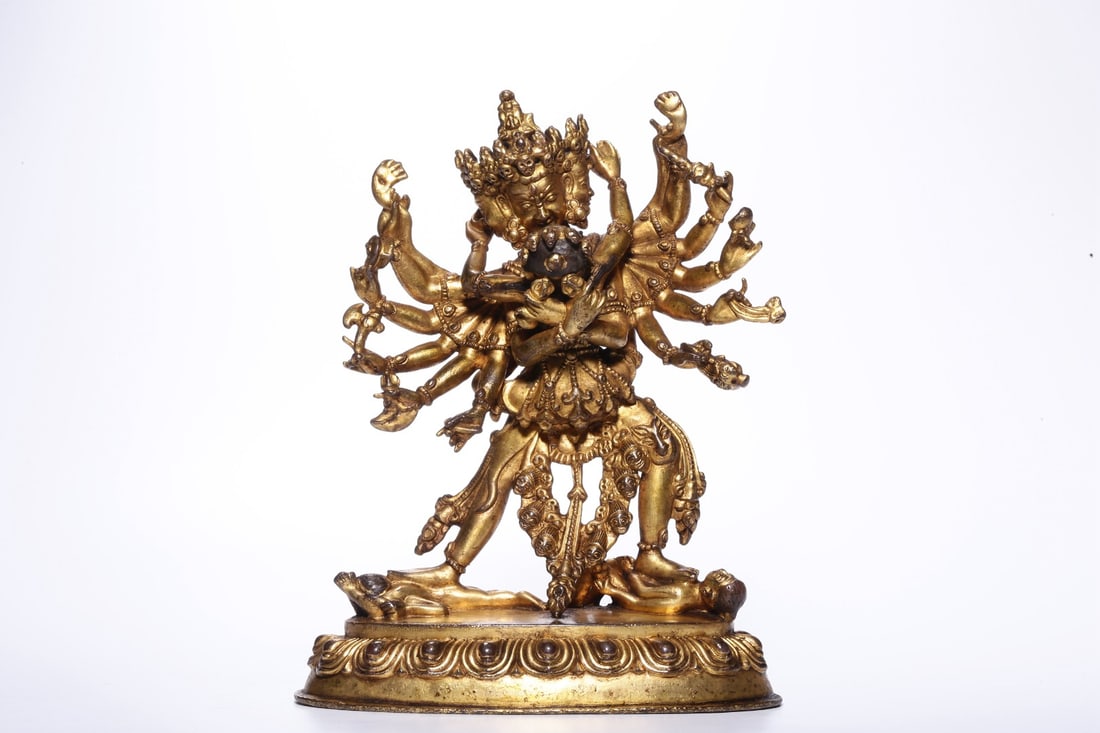 A Gilt Bronze Chakrasamvara Statue: A Gilt Bronze Chakrasamvara Statue. Dimensions: 7.48in x 5.71in x 2.76in; Weight: 2.64lbs.
