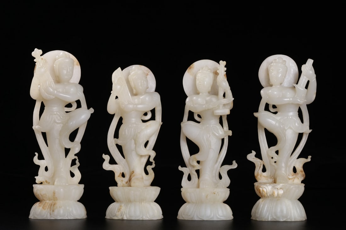 A Hetian White Jade Four Heavenly Maidens Ornament: A Hetian White Jade Four Heavenly Maidens Ornament. Dimensions: 6.02in x 2.24in x 1.18in; Weight: 1025g.
