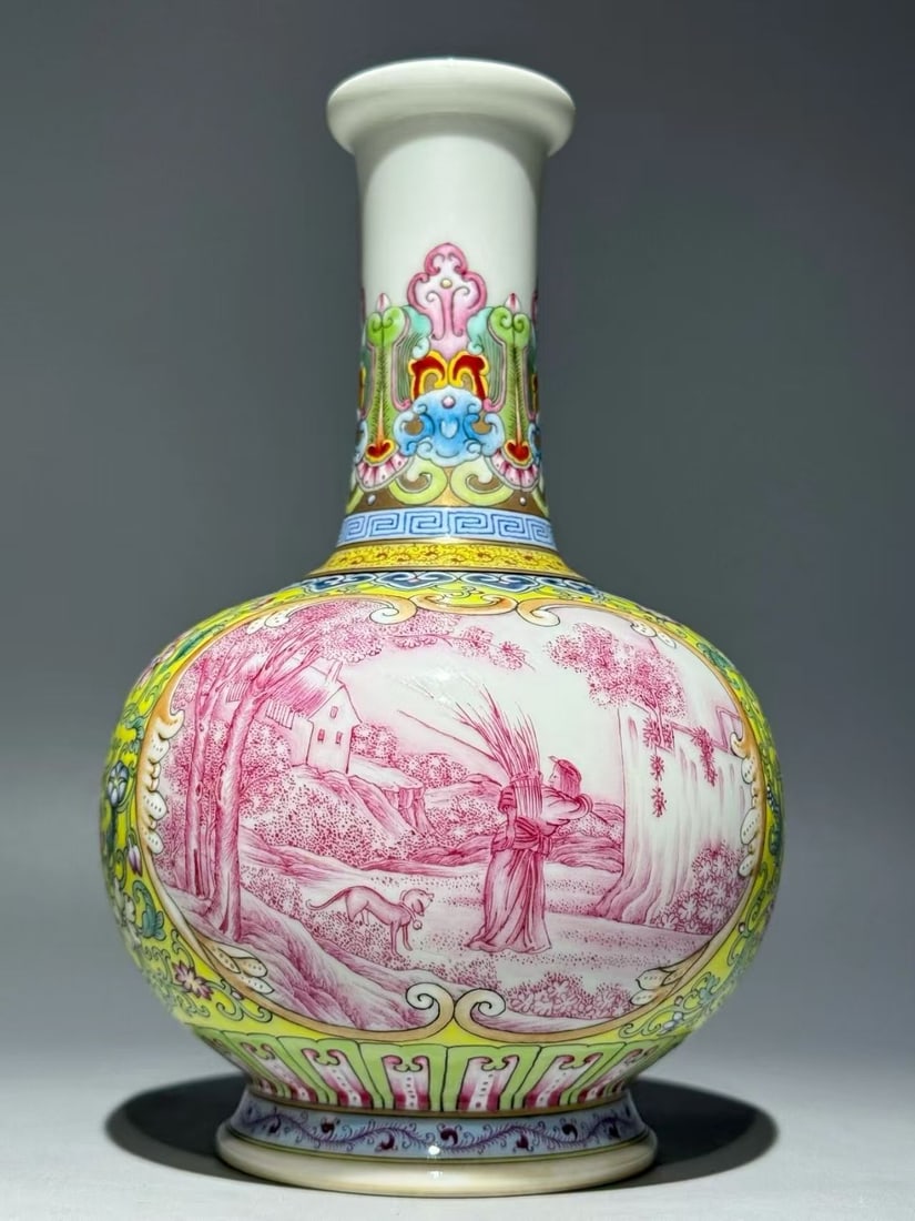 A Falangcai Enamel Bottle Vase: A Falangcai Enamel Bottle Vase. Height: 7.28in.