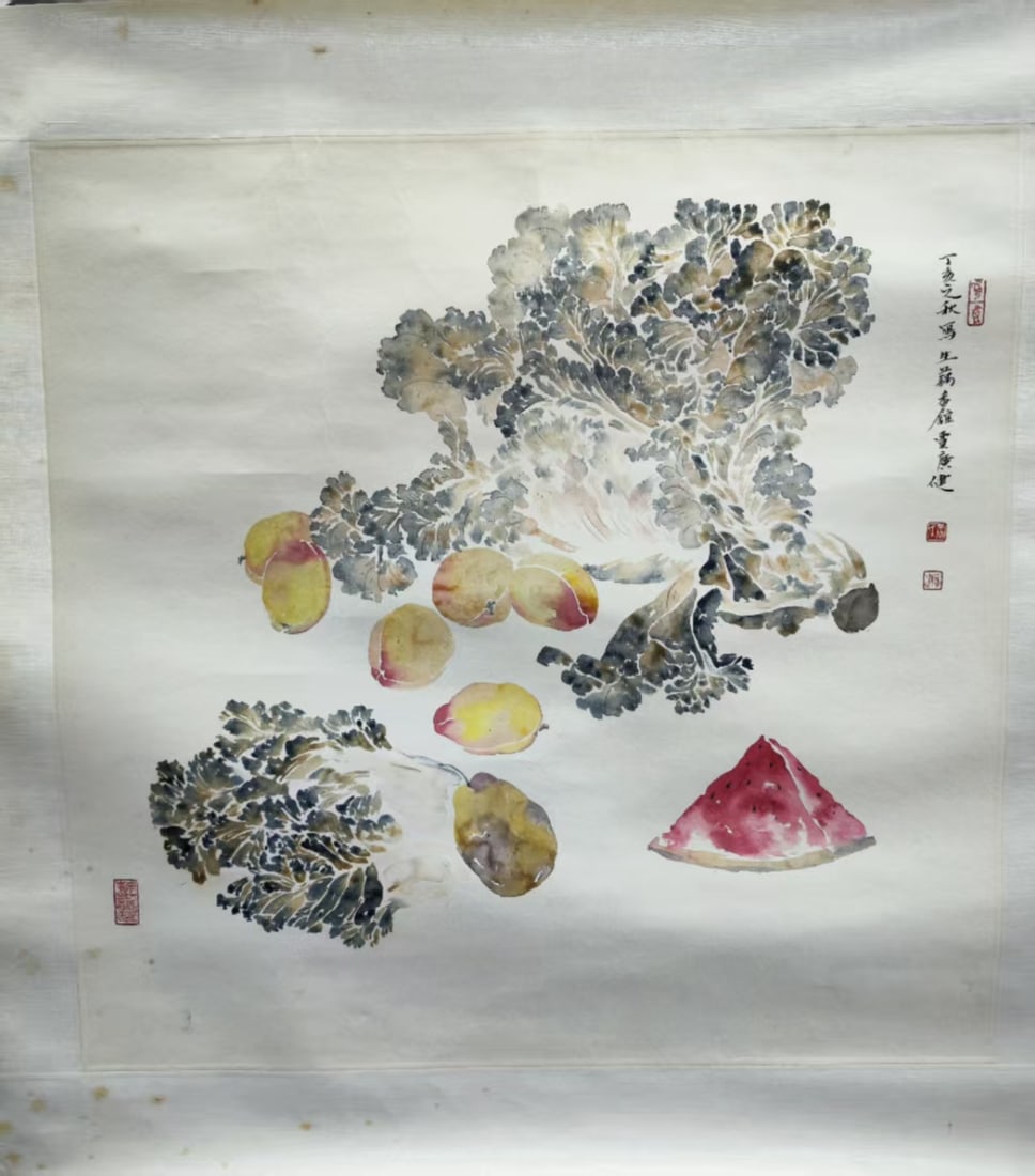 A Chinese Painting Depicting Fruits: A Chinese Painting Depicting Fruits. Dimensions: 26.77in x 26.77in.
