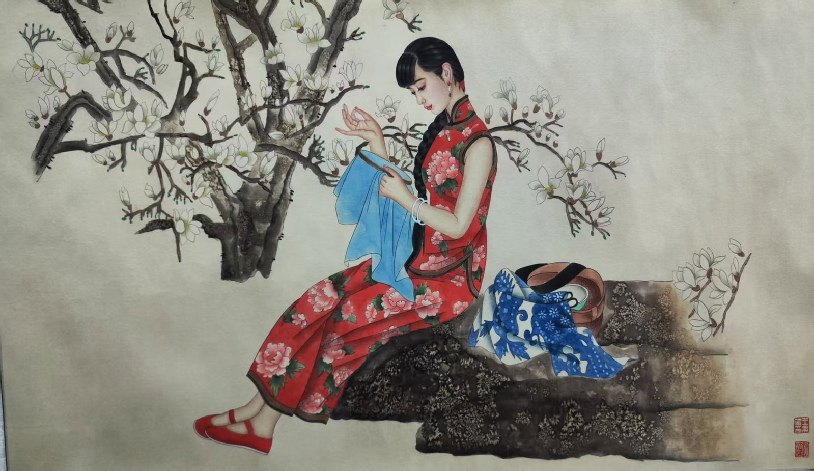 A Chinese Painting Depicting Beauty: A Chinese Painting Depicting Beauty. Dimensions: 26.77in x 53.54in.