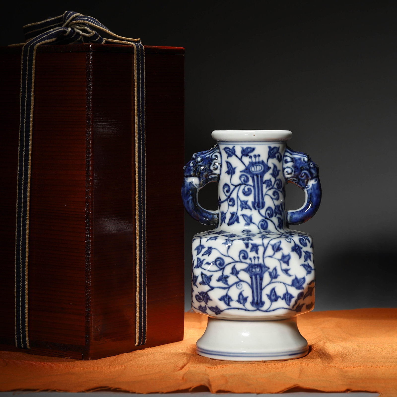 Blue and White Morning Glory Faceted Vase: Blue and White Morning Glory Faceted Vase. Dimensions: 3.74in x 3.74in x 6.89in.