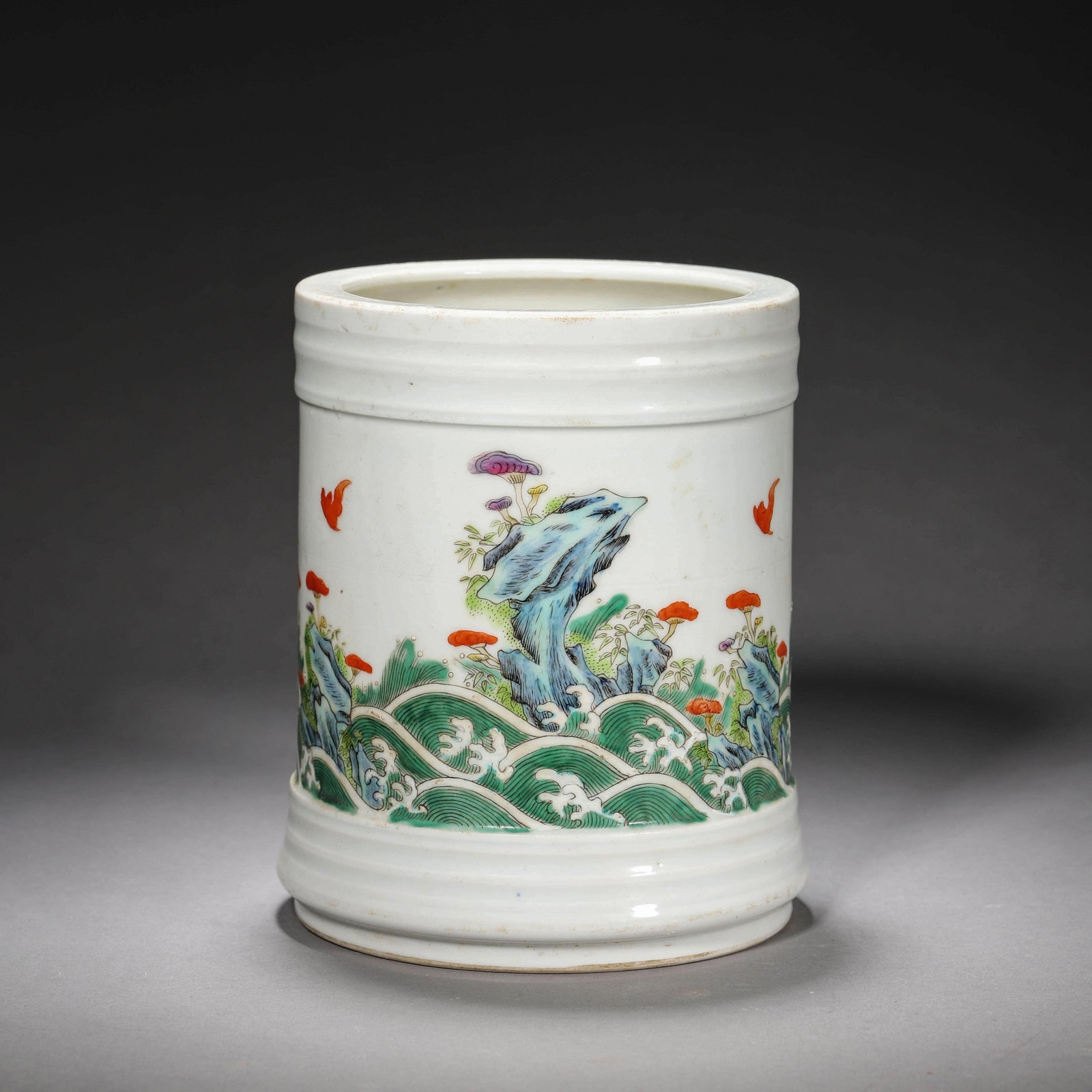 Wucai Glaze Immortal Brush Pot: Wucai Glaze Immortal Brush Pot. Dimensions: 4.72in x 6.10in.