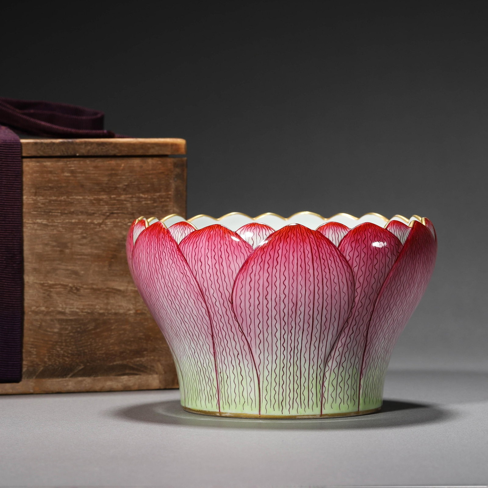 Famille Rose Lotus Petals Alms Bowl: Famille Rose Lotus Petals Alms Bowl. Dimensions: 5.51in x 3.54in.