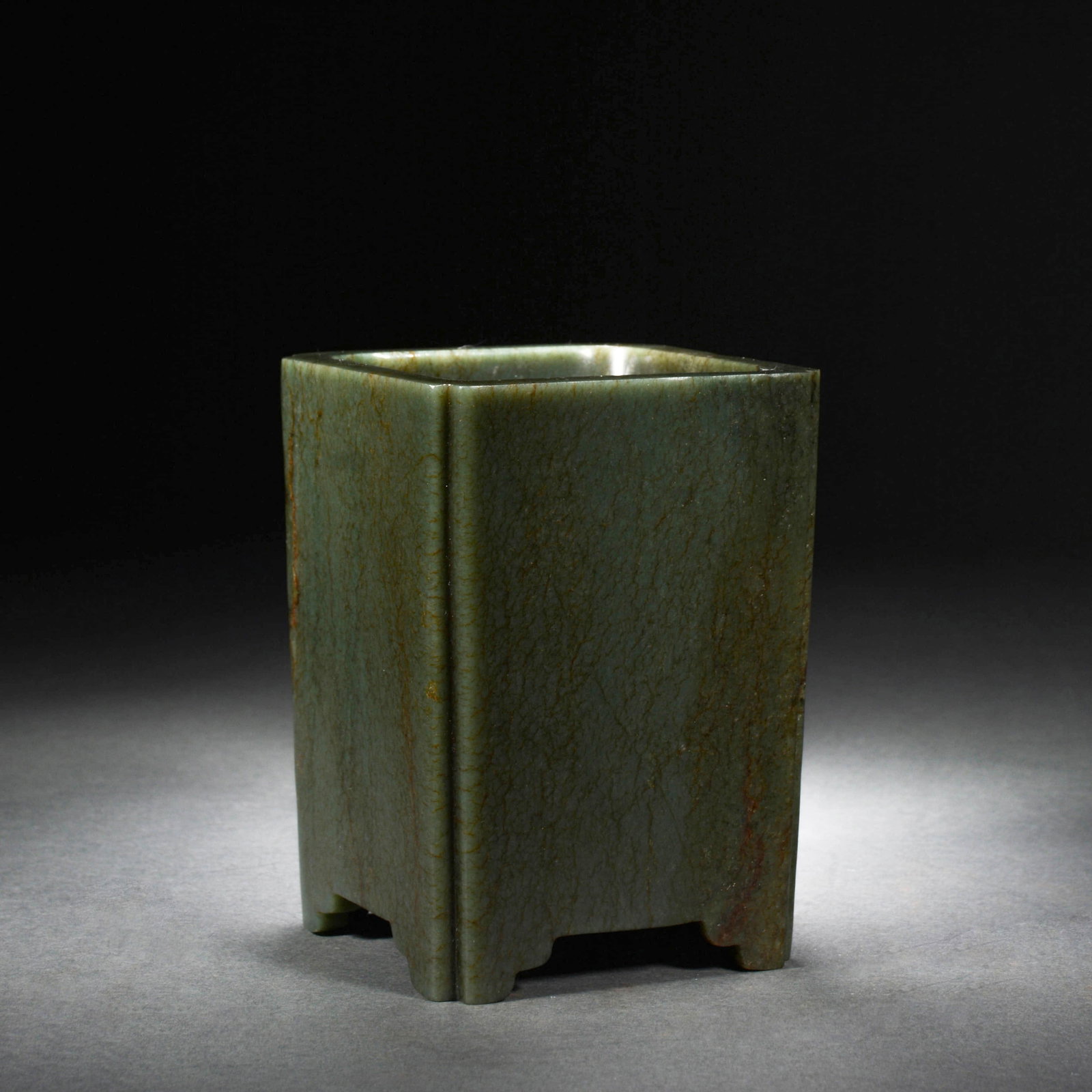 Jasper Jade Brush Pot: Jasper Jade Brush Pot. Dimensions: 3.74in x 3.74in x 5.12in.