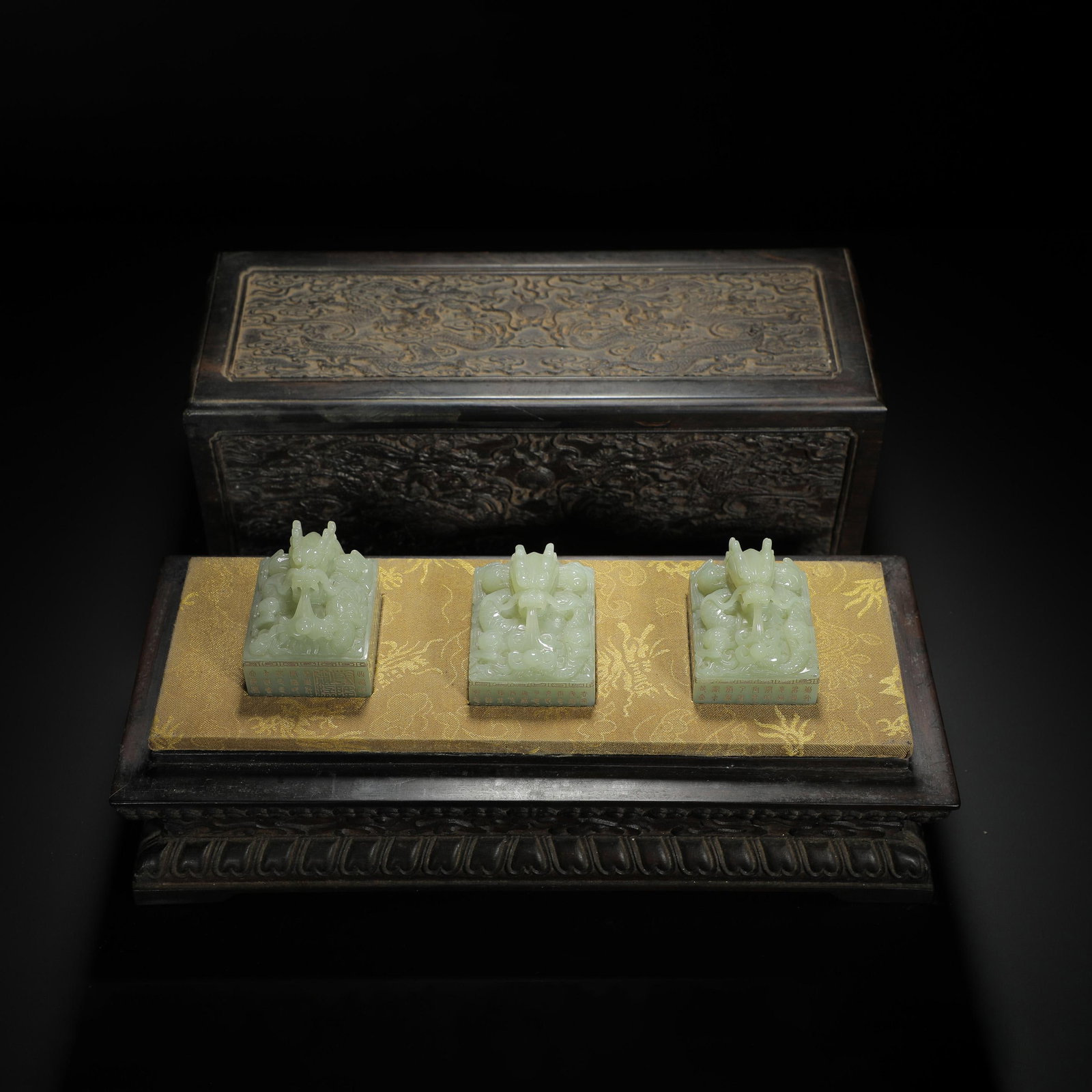 Jade Dragon Spitting Pearl Inscribed Poem Seals Three Pieces (1 of 13)