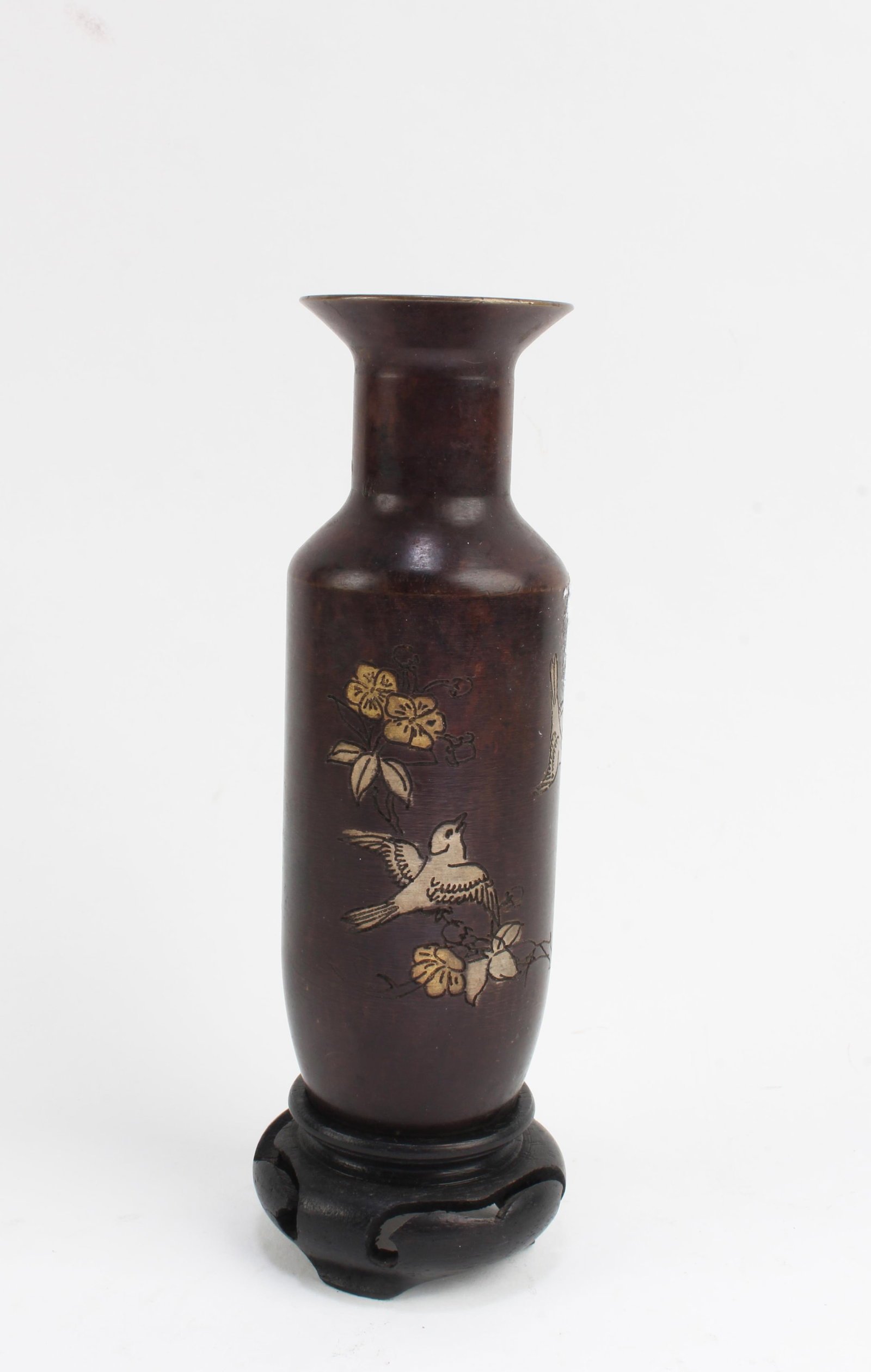 Chinese Bronze Vase with Stand: Chinese Bronze Vase with Stand, decorated in relief of birds and flowers. Height: 5"