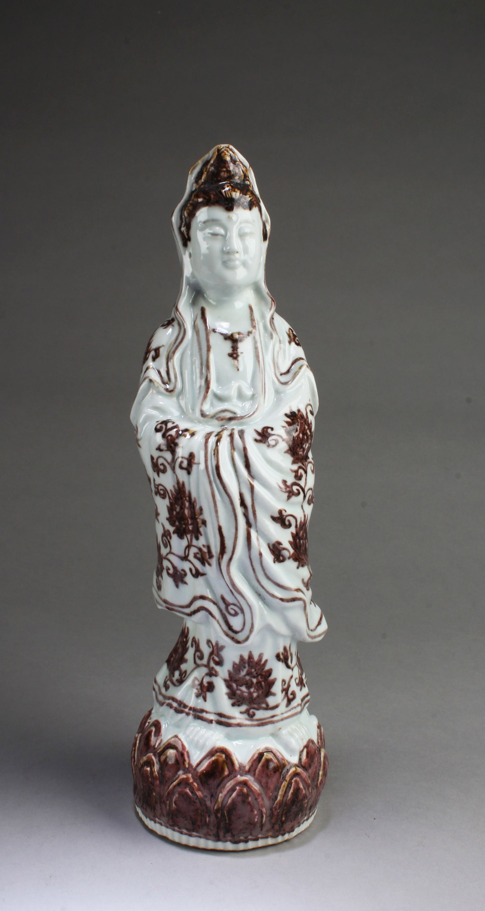 Chinese Iron Red Porcelain Standing Guanyin Statue (1 of 6)