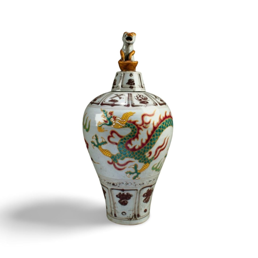 Chinese Porcelain Meiping Vase: Chinese Porcelain Meiping Vase with lid depicting a tiger, the body decorated with three-clawed dragon. Height: 13.5"