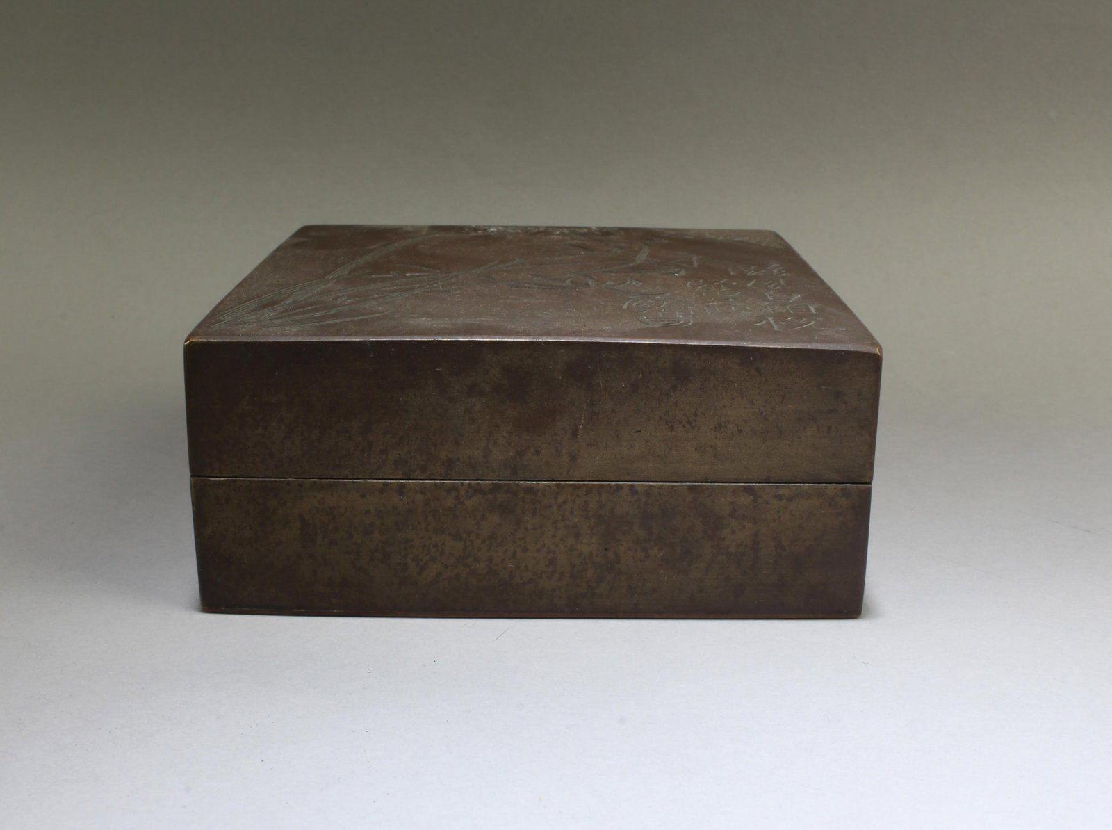 Chinese Bronze Ink Powder Box: Chinese Bronze Ink Powder Box. Length: 4.25" Width: 4.25" Height: 1.75"