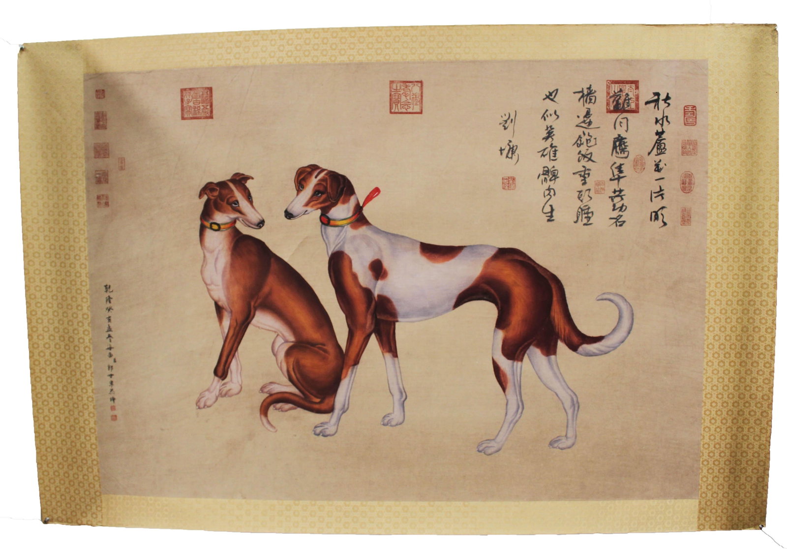 Chinese Painting: Ink and color on paper, depicting two dogs, signed with seal attributed to Lang Shi Ning. Length: 53" Height: 37.25"