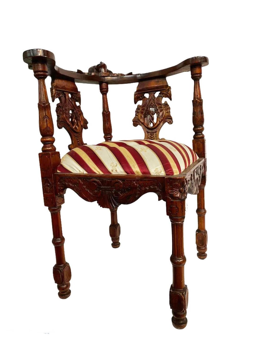 A Wooden Chair: A Wooden Chair, with built-in cushion seat. Height: 34.5" Length: 26.25" (between two arm-rests)