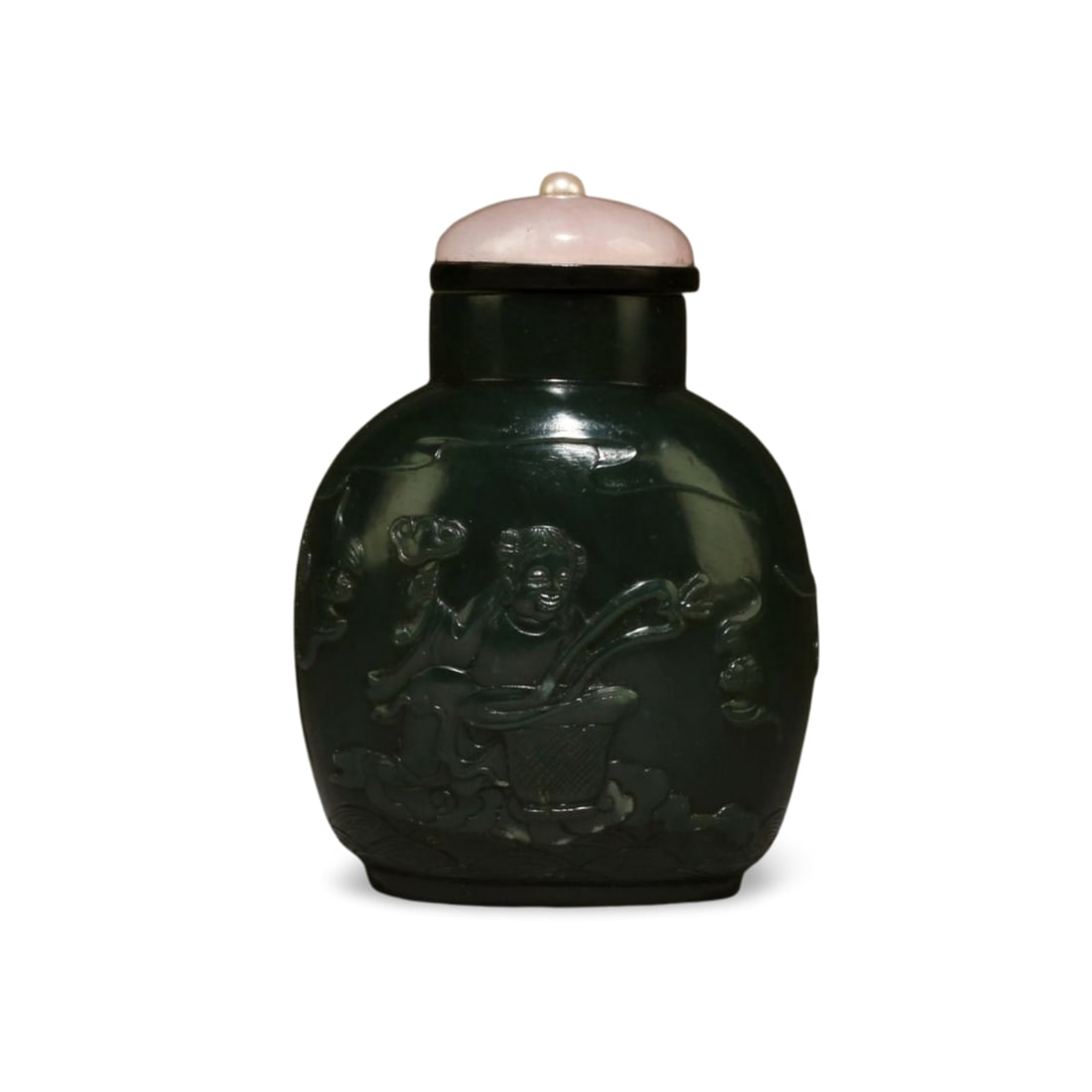 A Spinach Jade Snuff Bottle, early 20th C: A Spinach Jade Snuff Bottle. Height: 2.75"