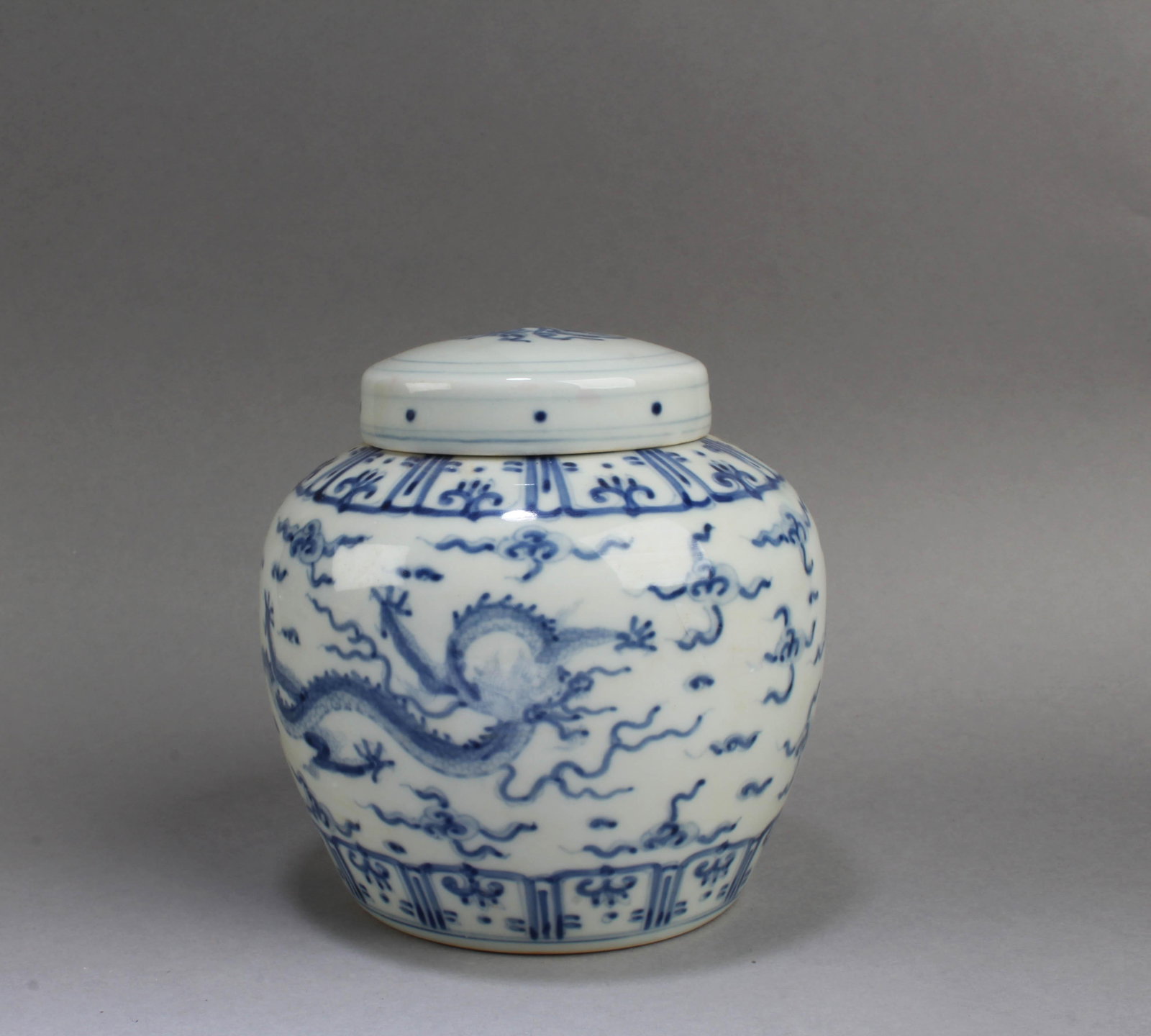 Chinese Blue & White Porcelain Jar: Chinese Blue & White Porcelain Jar. A 'Tian' character mark is imprinted at the base. Height: 4.75"