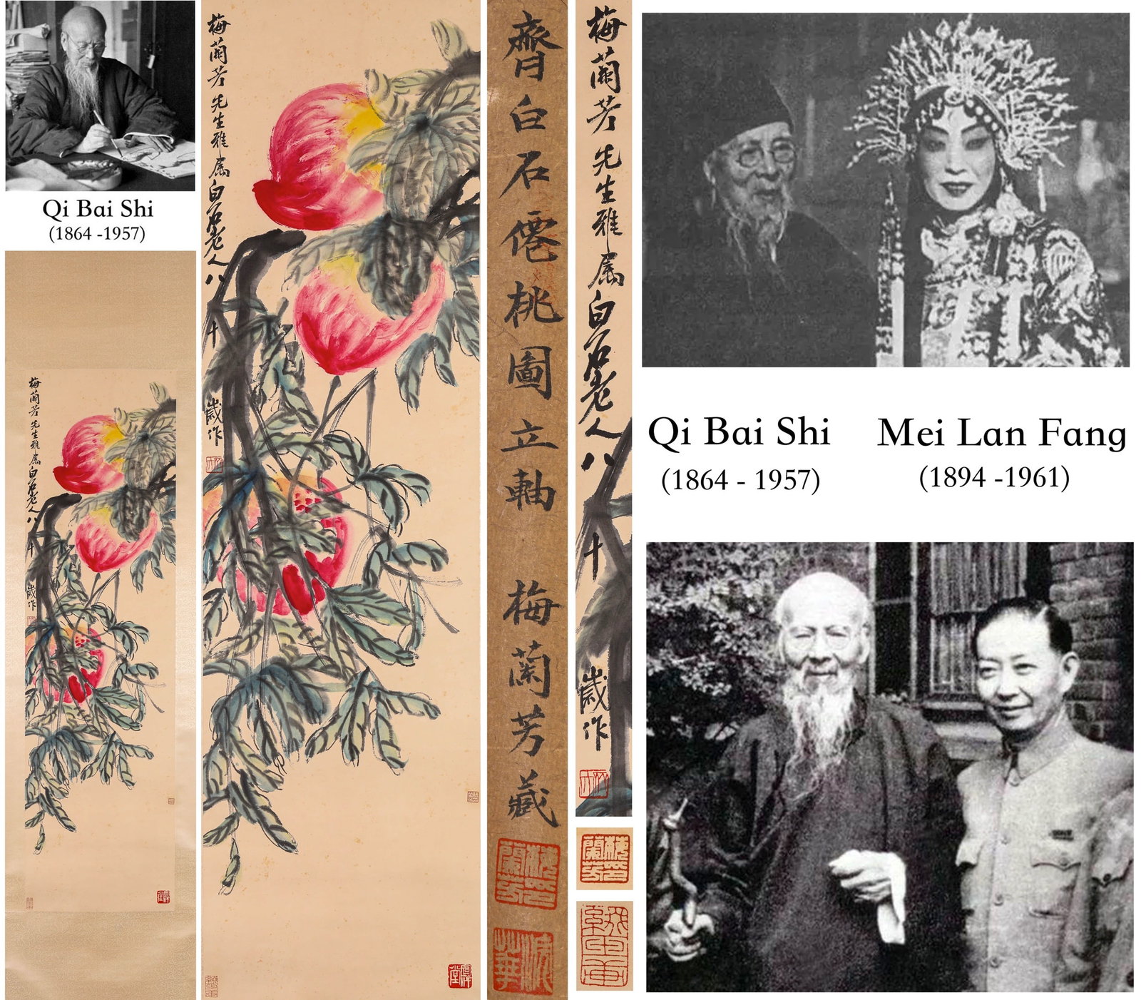 Qi Baishi (1864-1957), attributed to, Immortal Peaches: Qi Baishi (1864-1957), attributed to, Immortal Peaches. Dimensions: Width: 14.96" x Height: 53.94". All measurements are approximate.