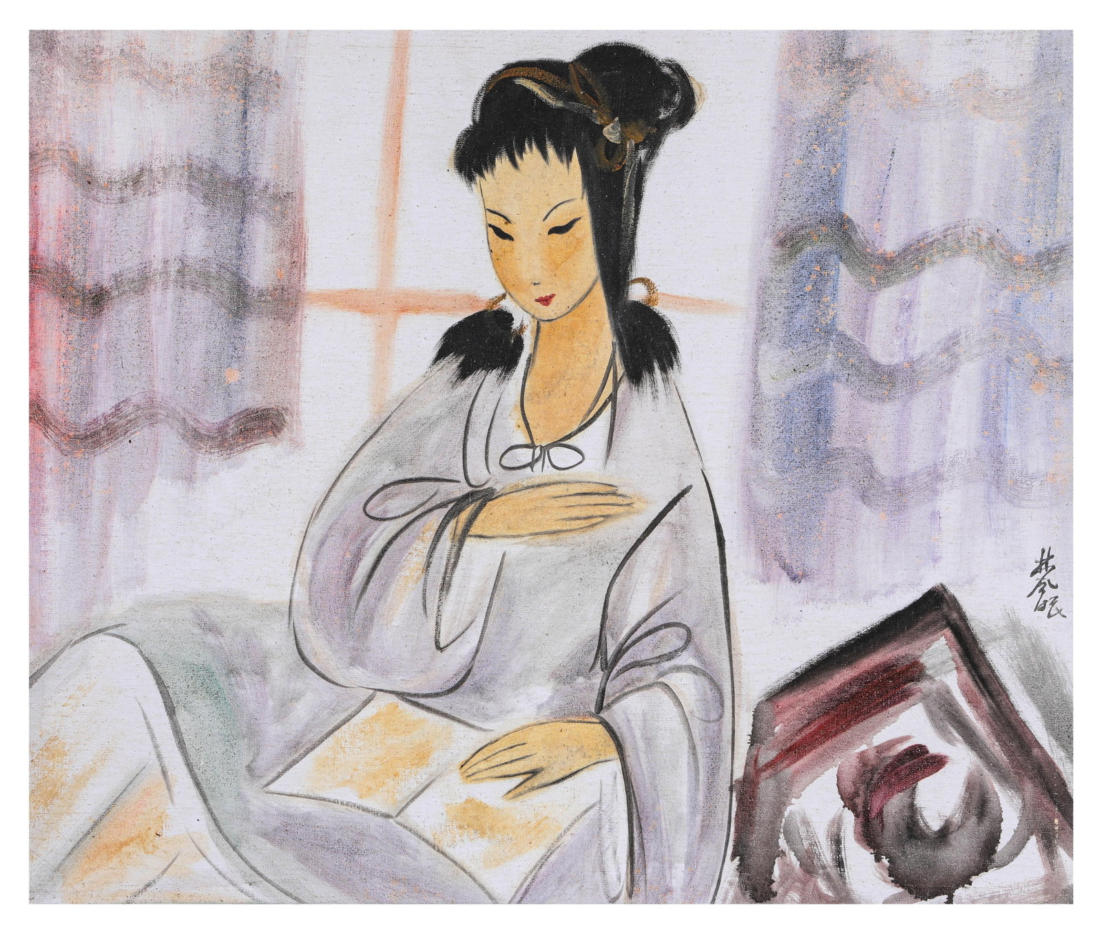 Lin Fengmian (1900-1991), attributed to, Lady: Lin Fengmian (1900-1991), attributed to, Lady. Dimensions: Width: 23.62" x Height: 19.69". All measurements are approximate.
