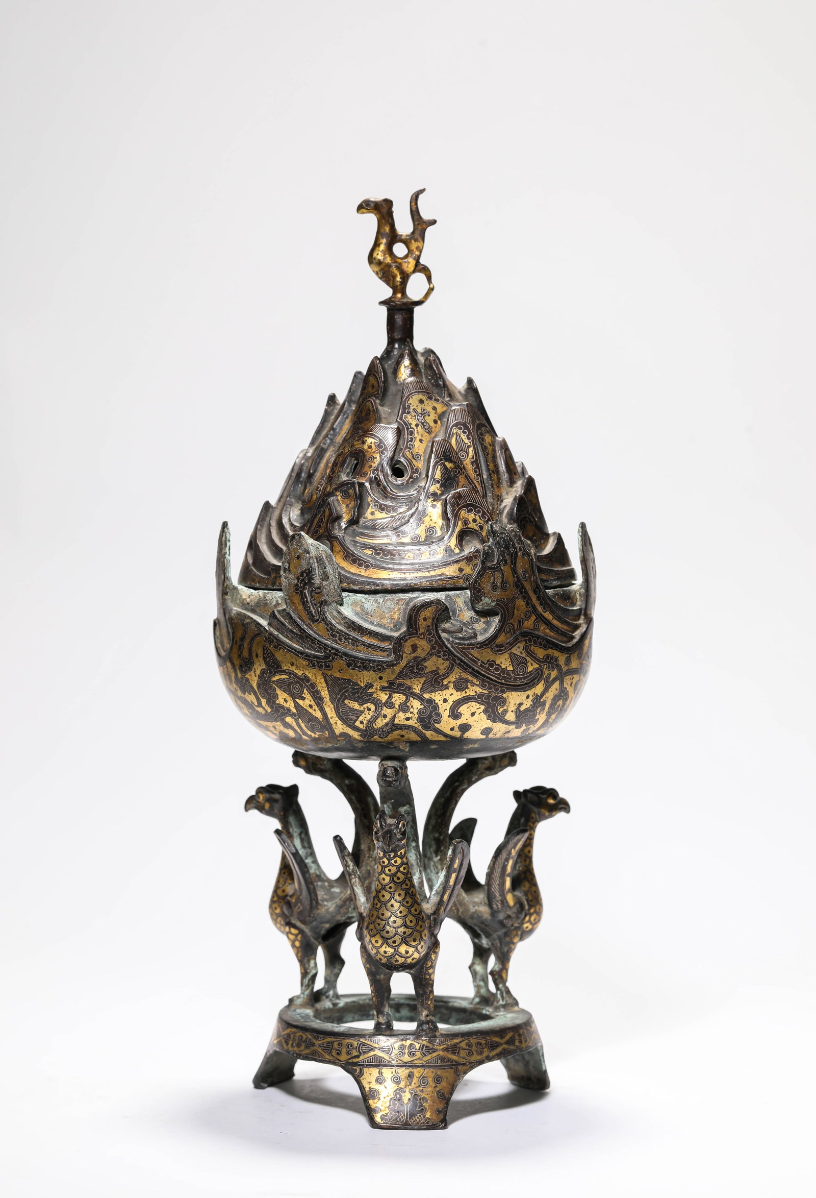 A Gold and Silver-Inlaid Bronze Censer: A Gold and Silver-Inlaid Bronze Censer. Dimensions: Weight: 1976 g. Width: 5.31" x Height: 12.99". All measurements are approximate.