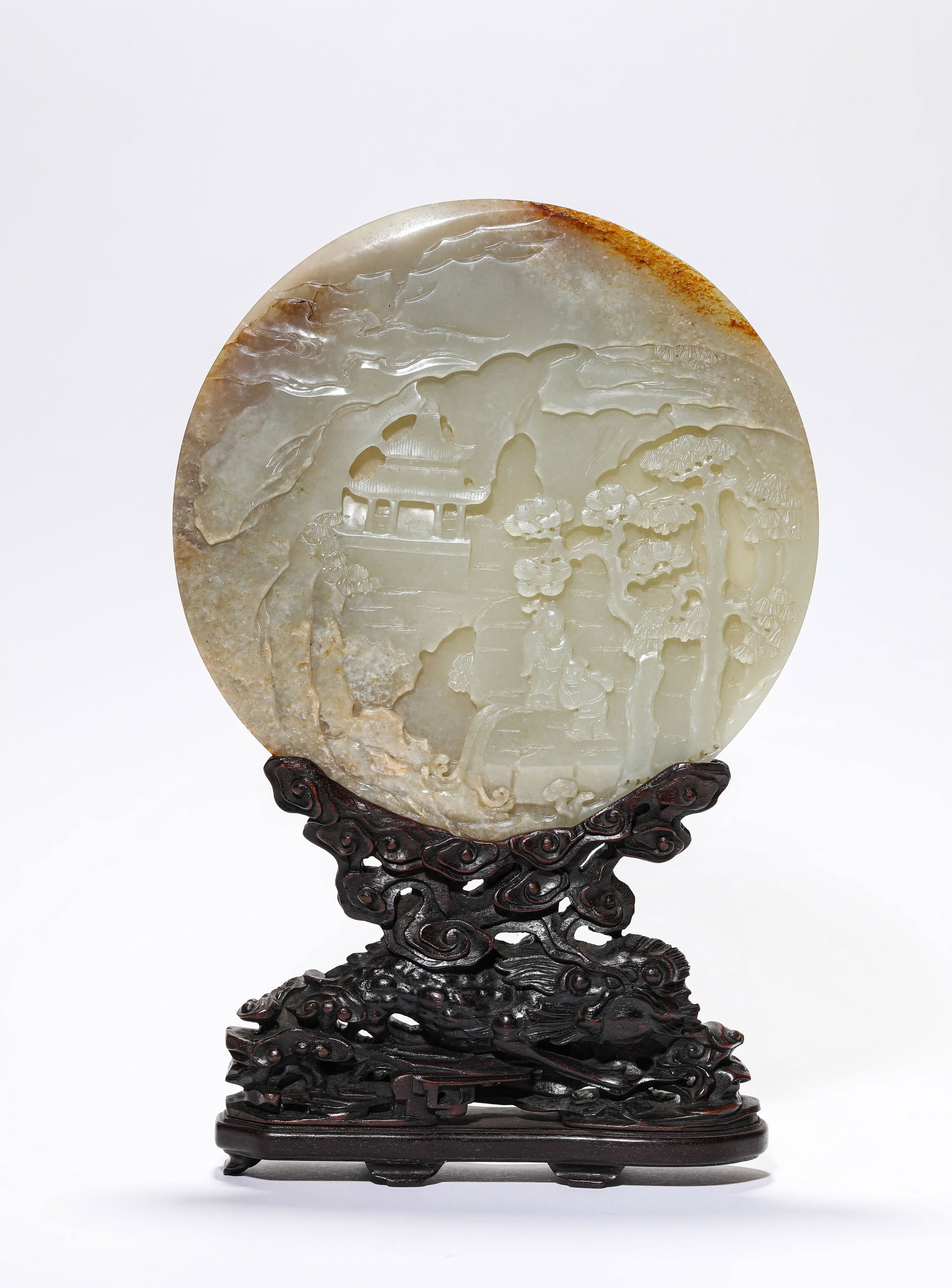 A Jade 'Carved Narrative Scene' Table Screen: A Jade 'Carved Narrative Scene' Table Screen. Dimensions: Length: 7.13" x Width: 1.77" x Height: 10.91". All measurements are approximate.