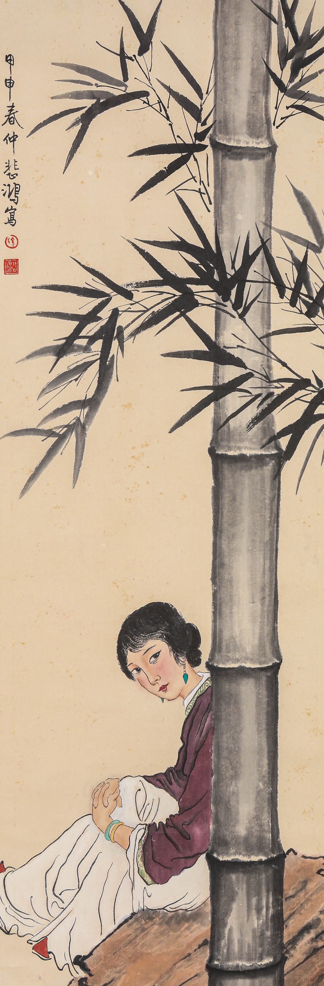 Xu Beihong (1895-1953), attributed to, Resting among Bamboo: Xu Beihong (1895-1953), attributed to, Resting among Bamboo. Dimensions: Width: 12.60" x Height: 37.80". All measurements are approximate.