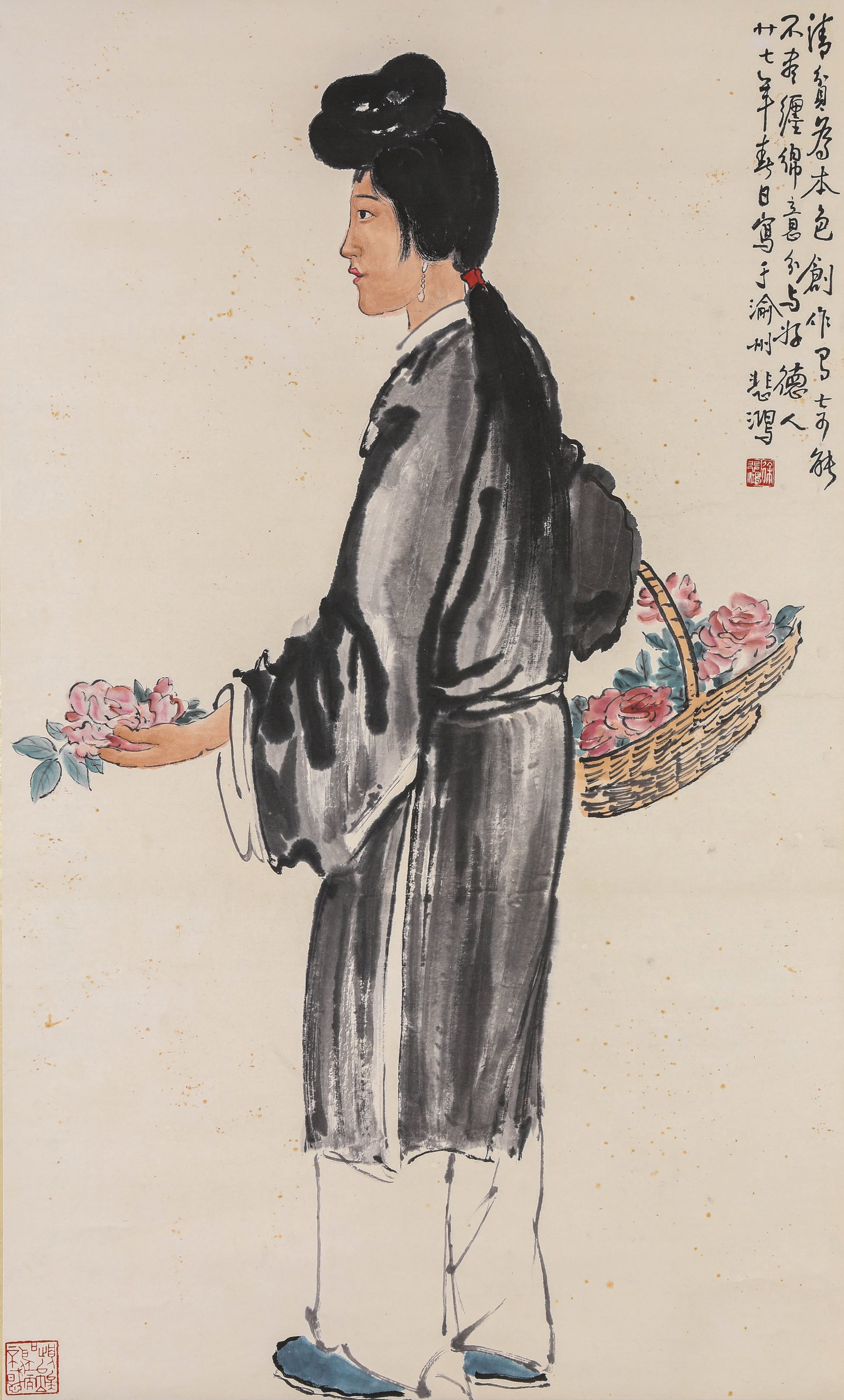 Xu Beihong (1895-1953), attributed to, Flower Seller: Xu Beihong (1895-1953), attributed to, Flower Seller. Dimensions: Width: 24.02" x Height: 40.16". All measurements are approximate.