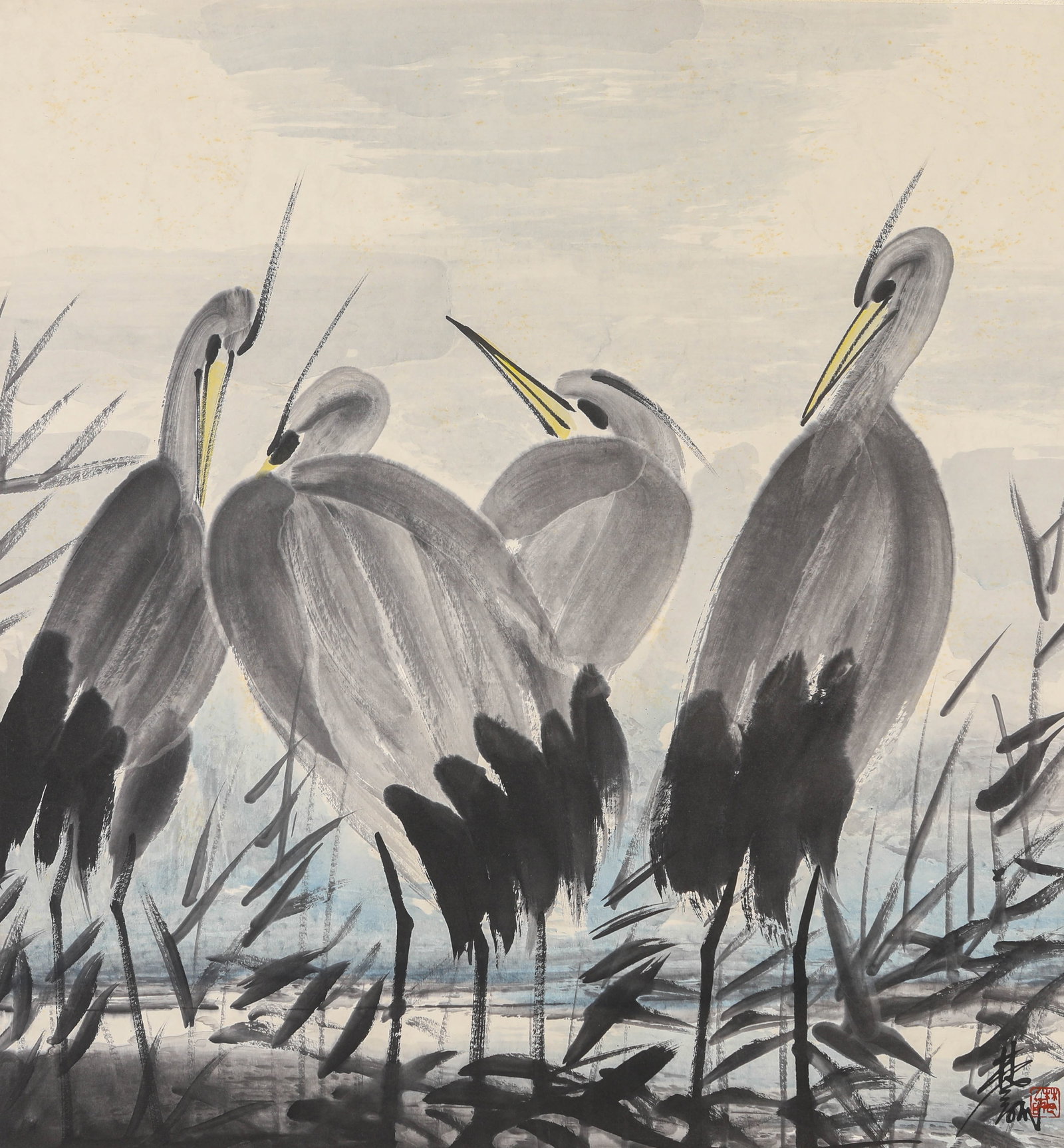 Lin Fengmian (1900-1991), attributed to, Waterbirds: Lin Fengmian (1900-1991), attributed to, Waterbirds. Dimensions: Width: 25.59" x Height: 27.17". All measurements are approximate.