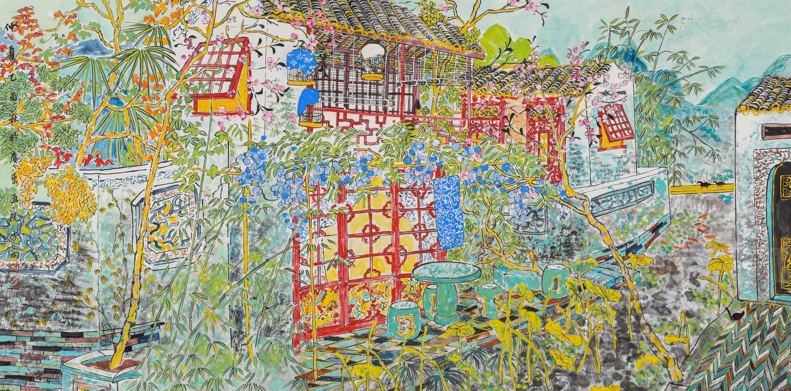 Fang Xiang (b. 1967), attributed to, Leisurely Courtyard: Fang Xiang (b. 1967), attributed to, Leisurely Courtyard. Dimensions: Width: 51.97" x Height: 25.98". All measurements are approximate.