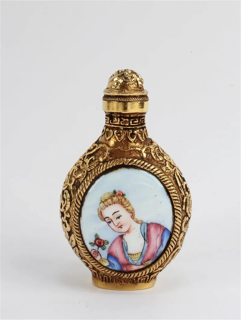 Chinese Gilt Bronze Enamel Snuff Bottle: Chinese Gilt Bronze Enamel Snuff Bottle. 'QianLong' mark at base. Height: 2.75"