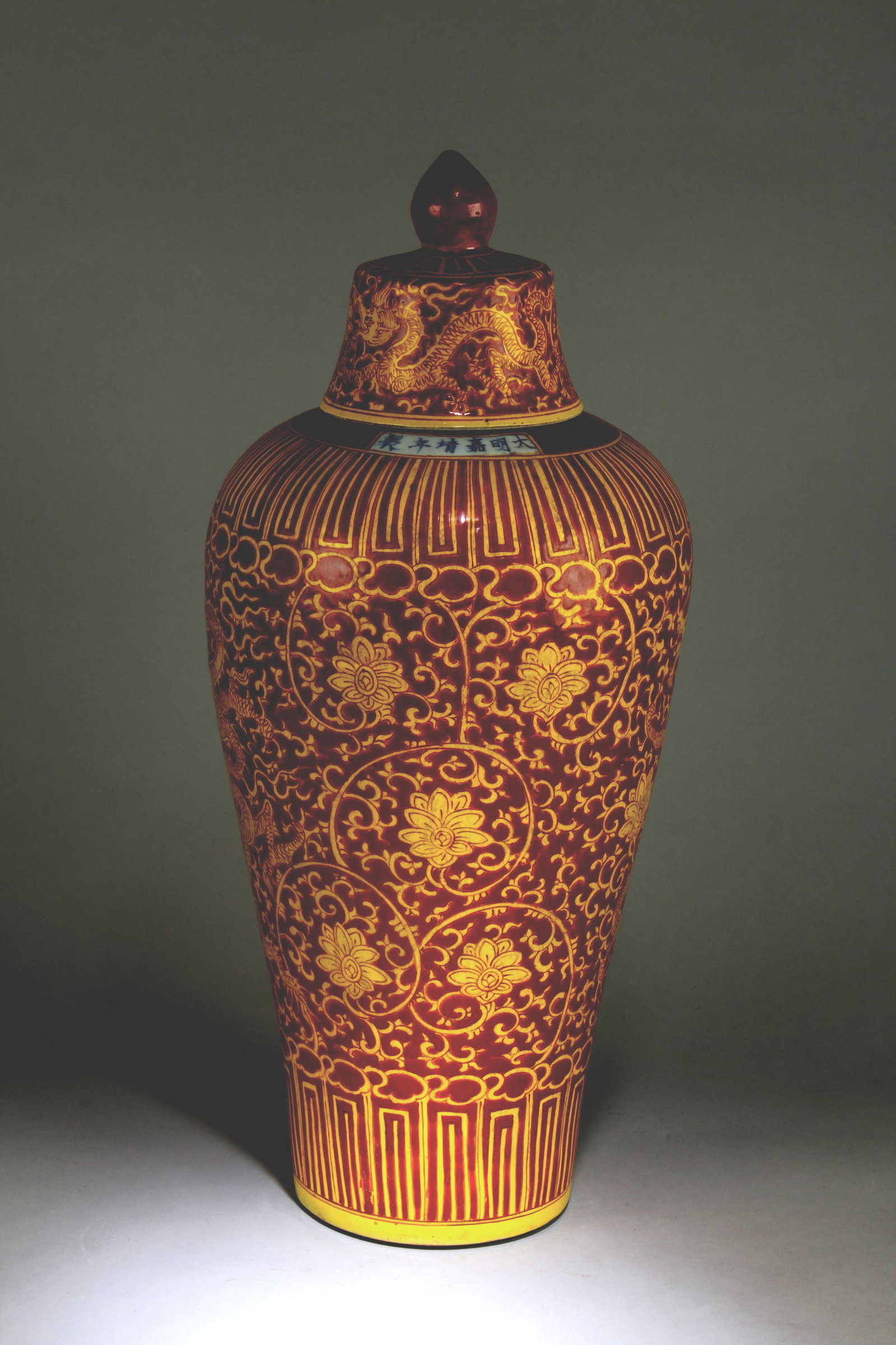 A Chinese Red and Yellow Meiping Vase: A Chinese Red and Yellow Meiping Vase with a Dragon and Floral Design. Dimension: 23" x 10".