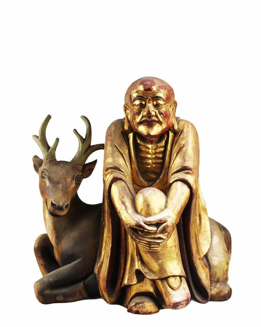 Chinese Carved Gilt Wooden Arhat: Ming Dynasty Carved Gilt Wooden Arhat. Length: 20.5" Height: 22.5"