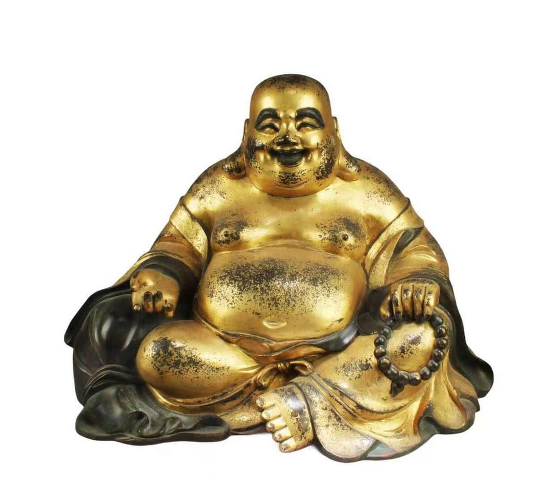 Chinese Gilt Bronze Smiling Buddha Statue: Chinese Gilt Bronze Smiling Buddha Statue. Length: 22" Width: 14" Height: 16"