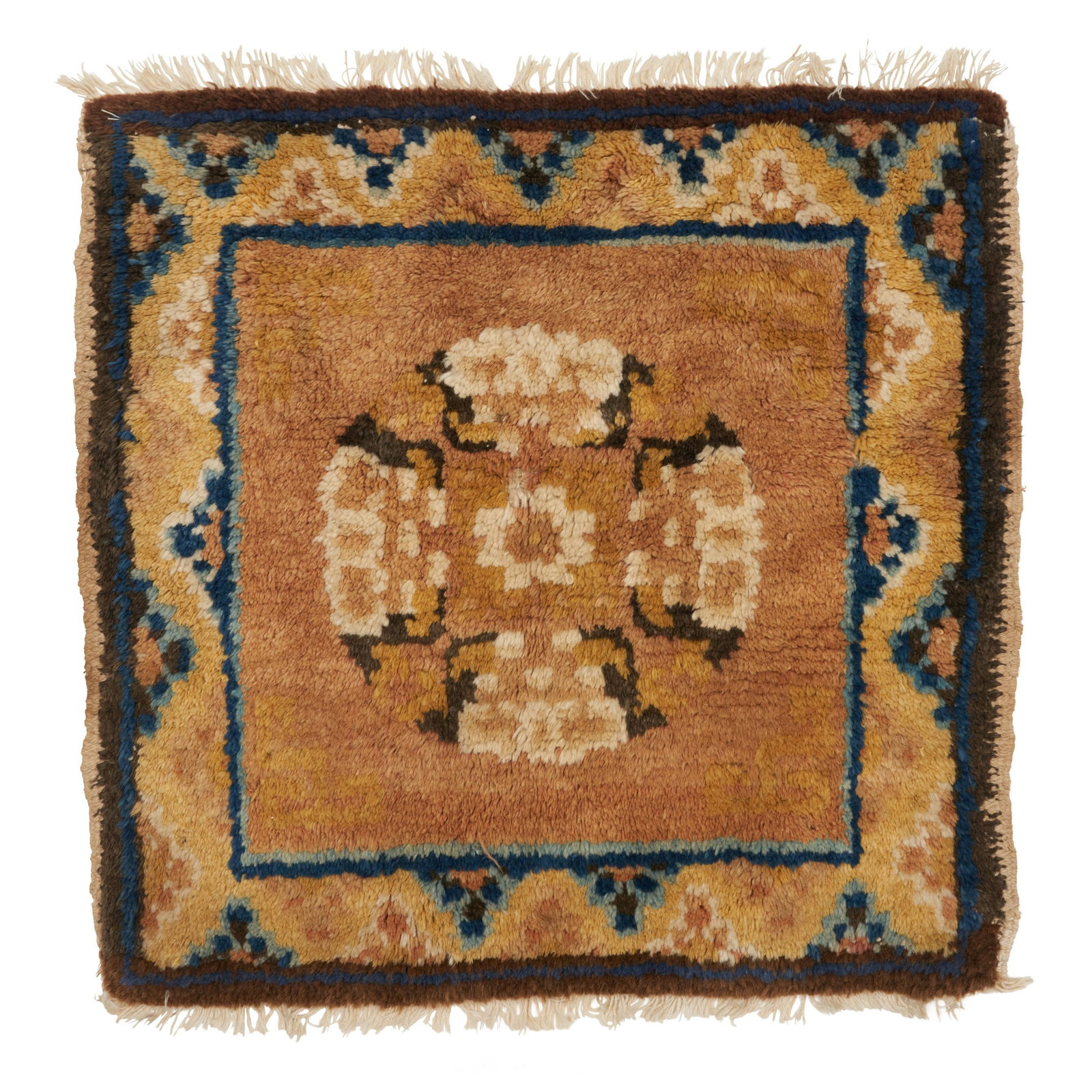 An Antique Nixia Rug Small Square with Thunder Bolt: Provenance: Bonham Skinner 19-29 March 2023. Dimensions: 1ft 9in x 1ft 9in.Chinac. mid 19th century1 ft. 8 in. x 1 ft. 9 in.