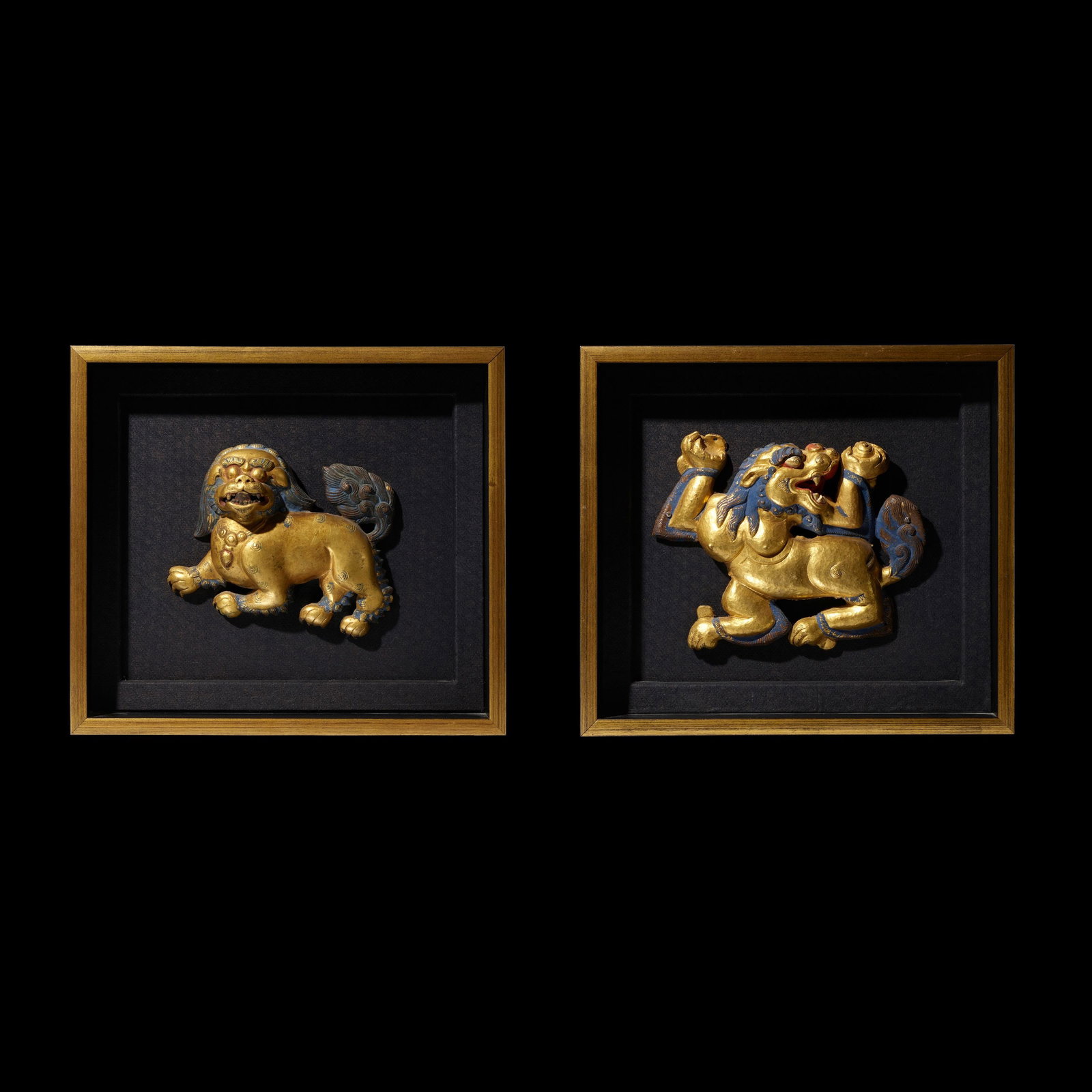 TWO GILT COPPER ALLOY REPOUSSE SNOW: TIBET, 18TH/19TH CENTURYHimalayan Art Resources item no. 88037 3/4 in. (19.7 cm) high, the largestProvenanceThe Robert and Lois Baylis Collection, Connecticut, since 1998These vigorous snow lions are