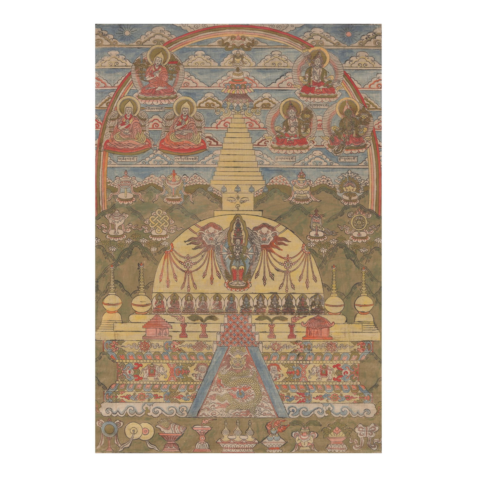 A PAINTED XYLOGRAPH OF BAUDHANATH: BURYATIA, 19TH CENTURYDistemper and ink on cloth; recto with inscriptions identifying the figures in the clouds.Himalayan Art Resources item no. 9030921 3/4 x 14 5/8 in. (55.2 cm x 37.1