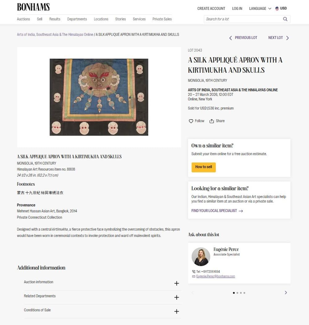 A SILK APPLIQU? APRON WITH A KIRTIMUKHA AND SKULLS: MONGOLIA, 19TH CENTURYHimalayan Art Resources item no. 880824 1/2 x 28 in. (62.2 x 71.1 cm)ProvenanceMehmet Hassan Asian Art, Bangkok, 2014Private Connecticut CollectionDesigned with a central