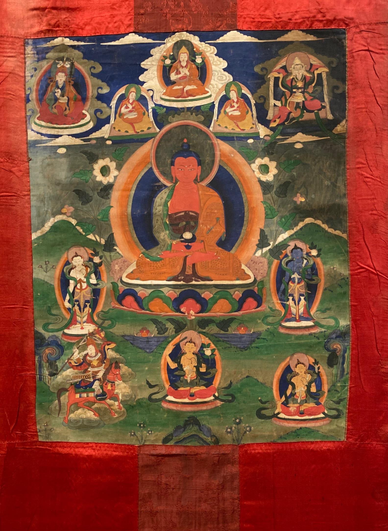A Tibetan Thangka: A Tibetan Thangka. Height: 39" Length: 22.5" (Outer) Height: 22.5" Length: 17.5" (Inner)