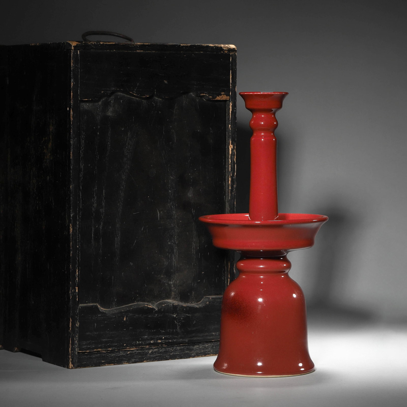 Sacrificial Red Glaze Candlestick: Sacrificial Red Glaze Candlestick. Dimensions: 5.12"x11.42"
