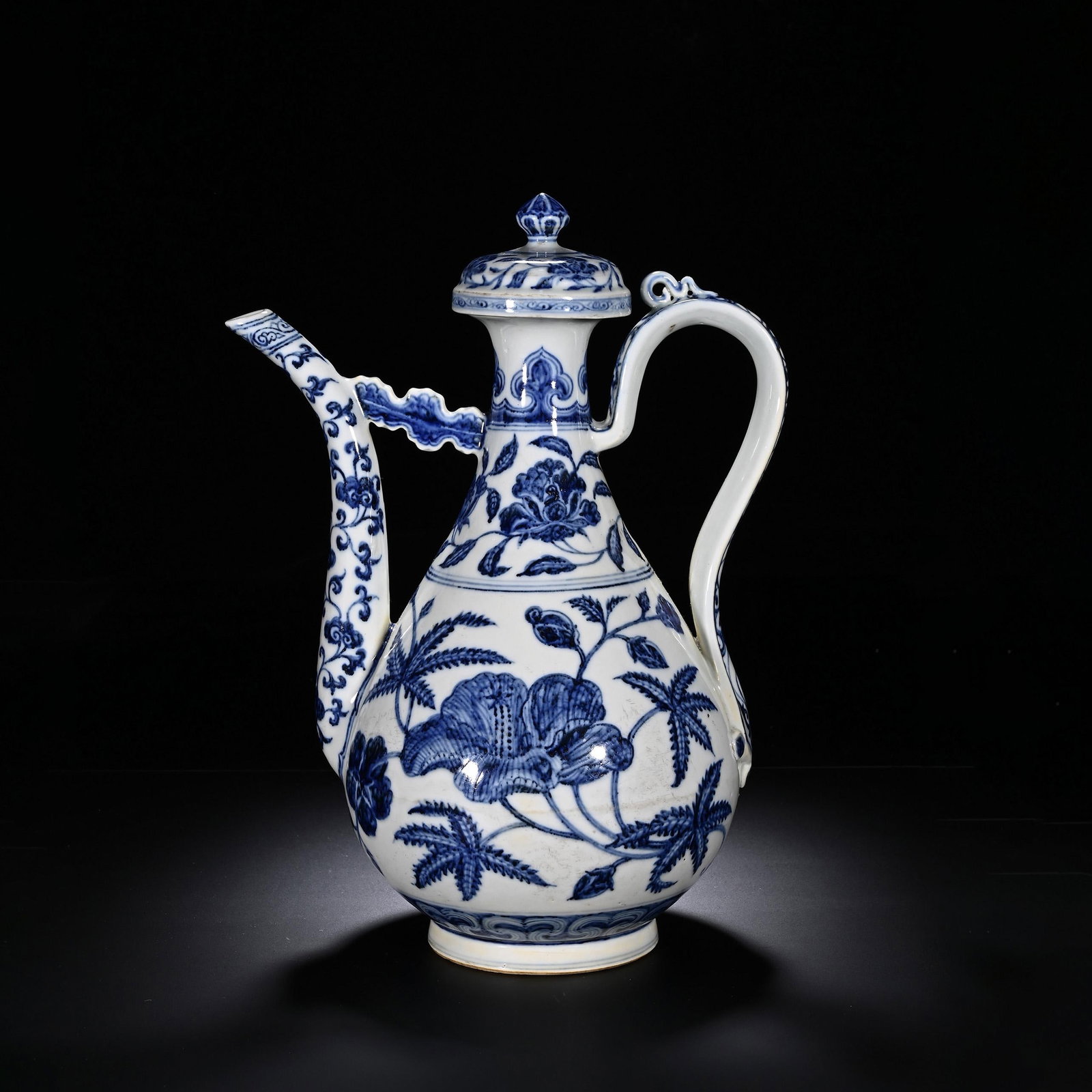 Blue and White Plantain Leaf Ewer: Blue and White Plantain Leaf Ewer. Length:9.06" Width:6.69" Height:12.60"