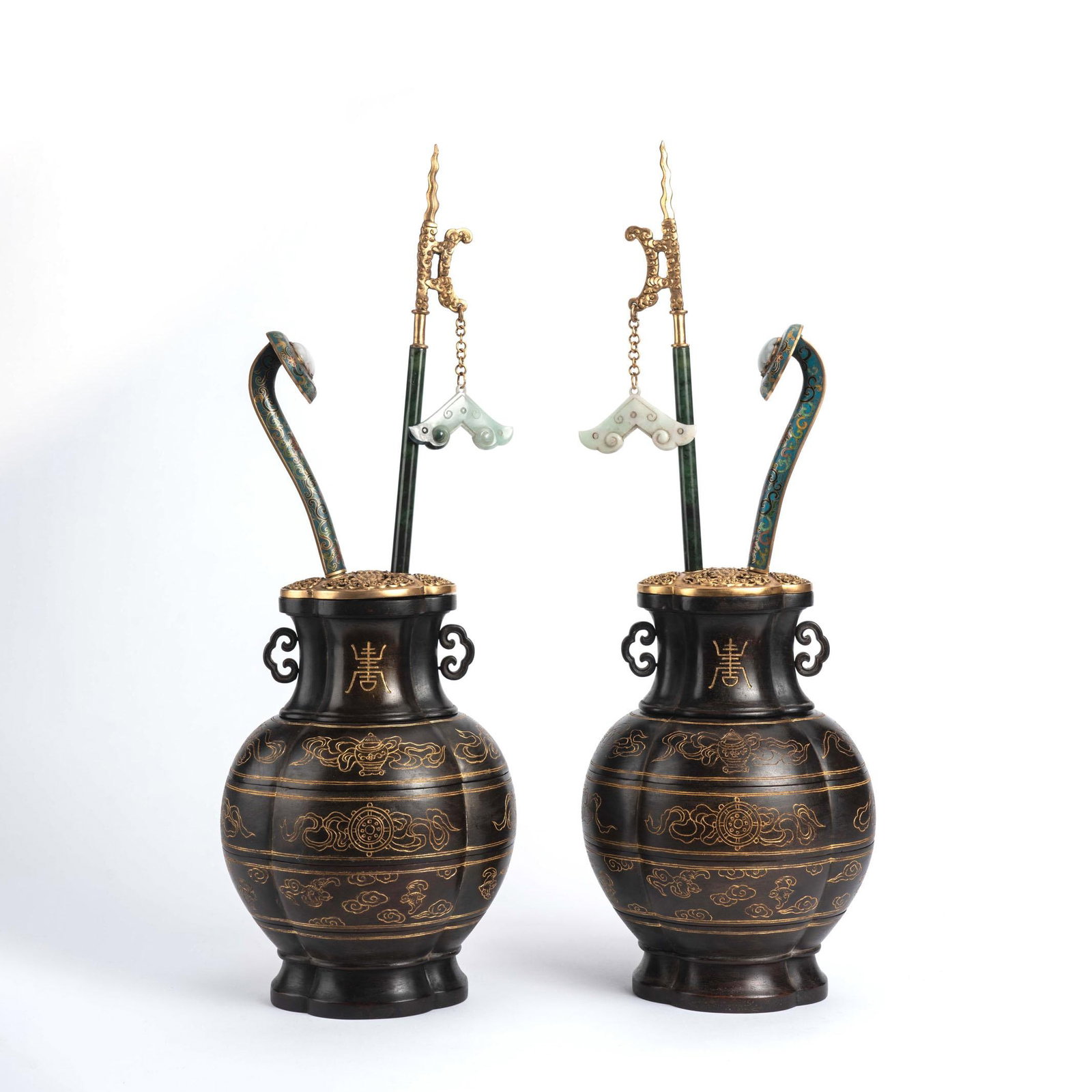 Pair of Gilt Sandalwood Eight Treasures Vases: Pair of Gilt Sandalwood Eight Treasures Vases. Length:7.48" Width:6.30" Height:22.44"