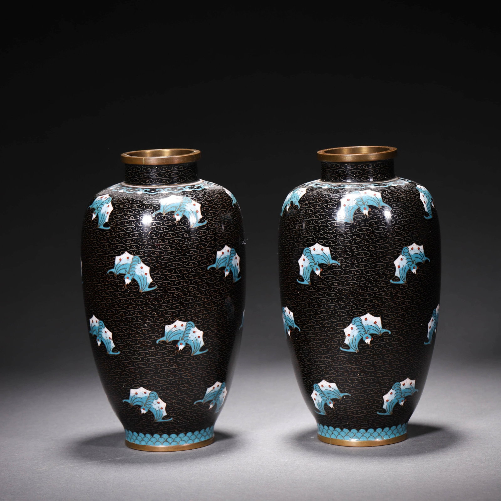 Pair Of Enamel Bronze Bat and Cloud Vases: Pair Of Enamel Bronze Bat and Cloud Vases. Dimensions: 3.15"x6.30"