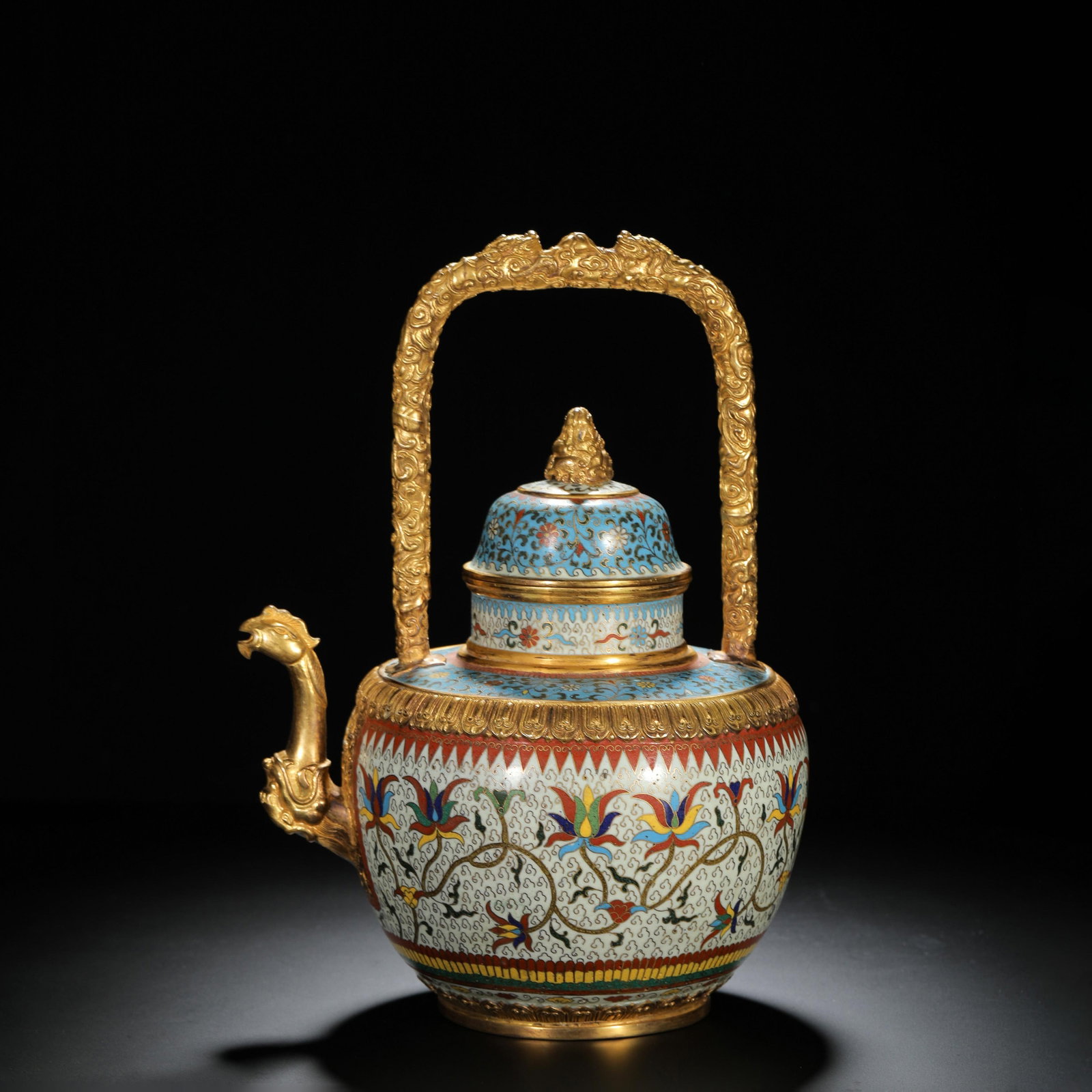Cloisonne Enamel Floral Loop-Handled Teapot: Cloisonne Enamel Floral Loop-Handled Teapot. Length:8.86" Height:11.81"
