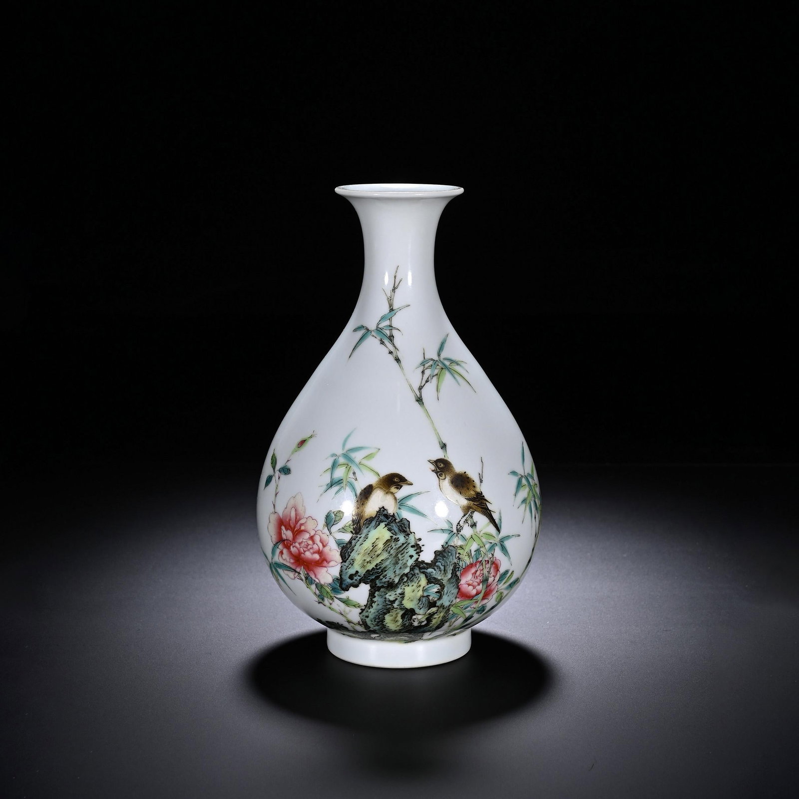 Famille-Rose Flower and Bird Pear-Shaped Vase: Famille-Rose Flower and Bird Pear-Shaped Vase. Dimensions: 4.13"x6.69"