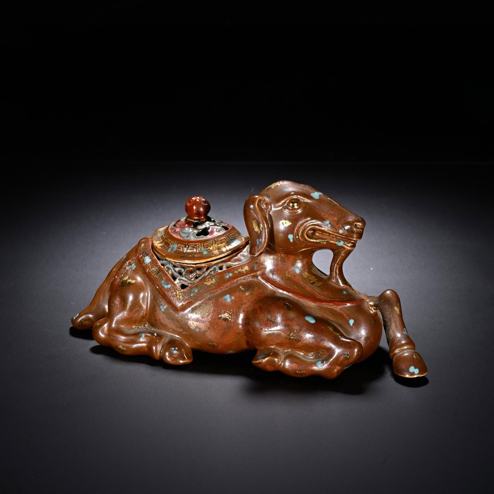 Brown-Glazed Ram-Form Scent Burner: Brown-Glazed Ram-Form Scent Burner. Length:7.09" Width:2.76" Height:3.35"